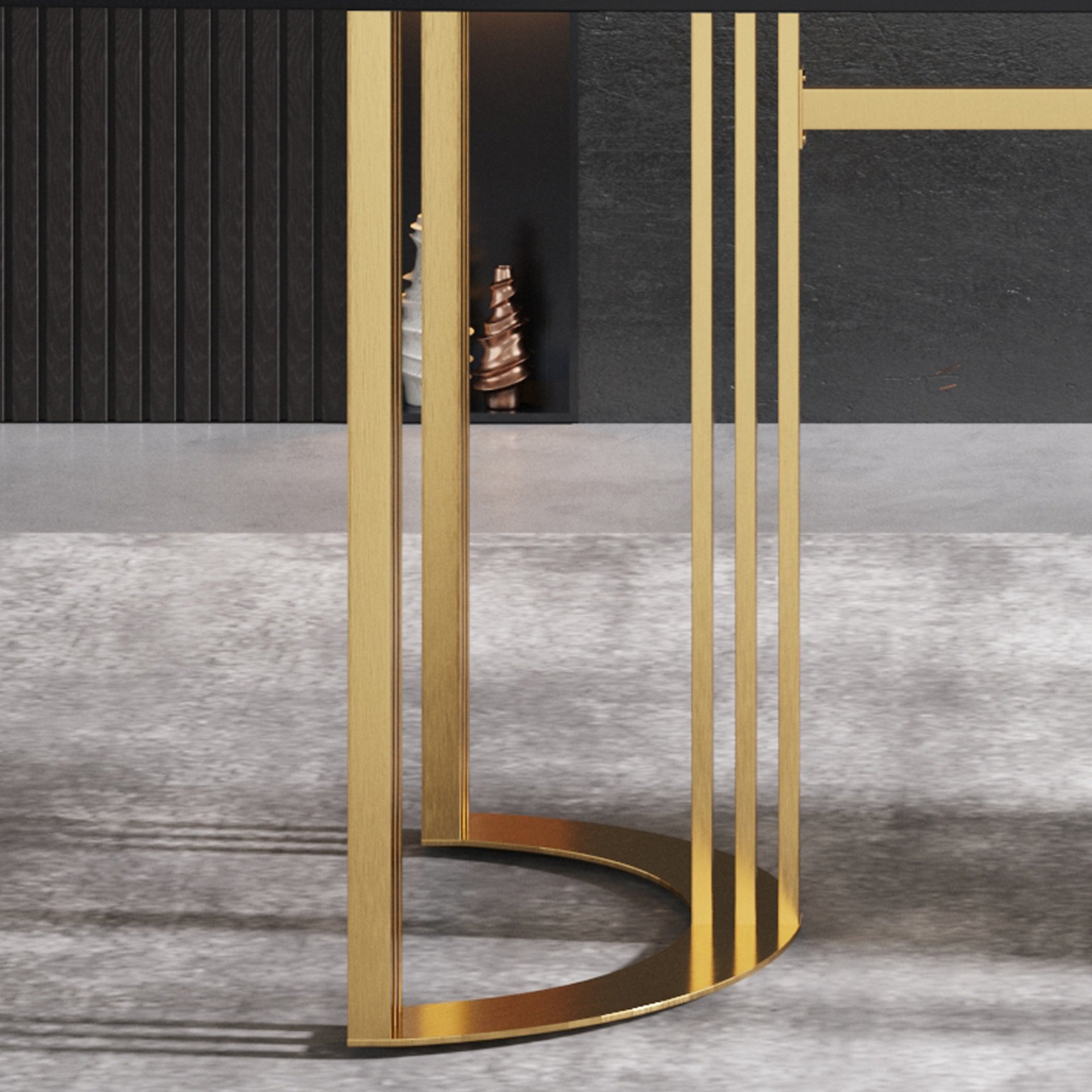 63" Modern Artificial Stone Curved Golden Metal Leg Dining Table, 6 People - Black / Gold - Image 8