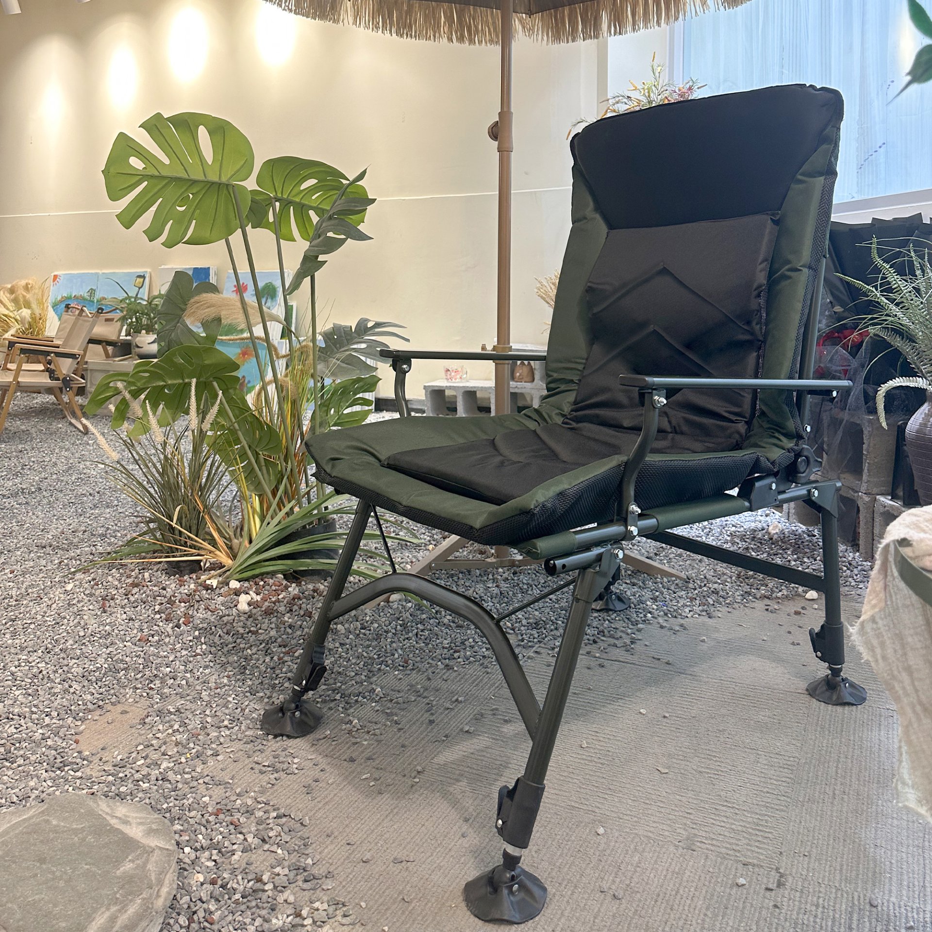 Camping Lounge Chair, Portable Folding Reclining Camping With Adjustable Backrest For Indoor And Outdoor Camping Beach Hiking Fishing - Green / Black - Image 5