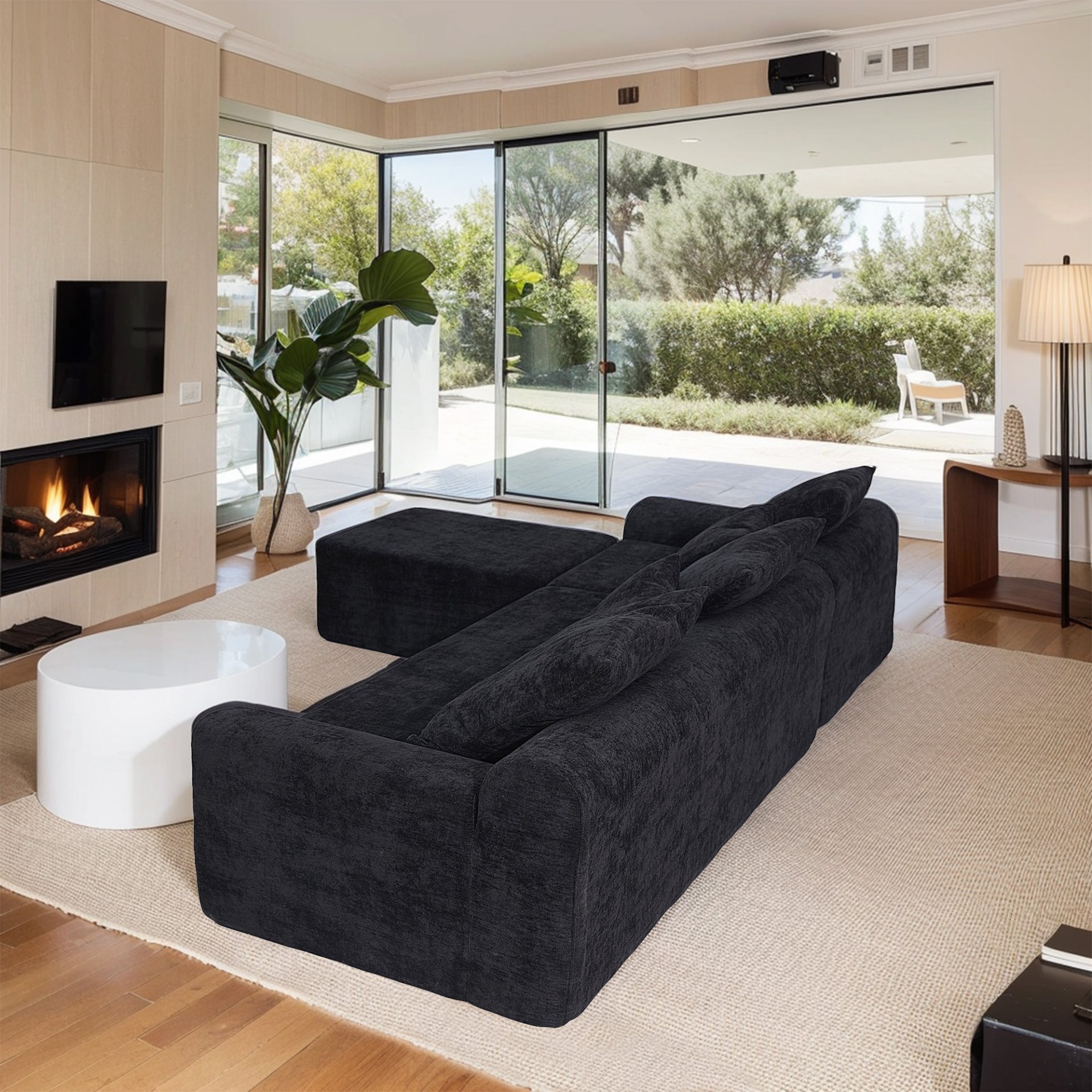 Modern L Shaped Sectional Sofa, Modular Velvet Couch With Adjustable Configurations - Black - Image 4