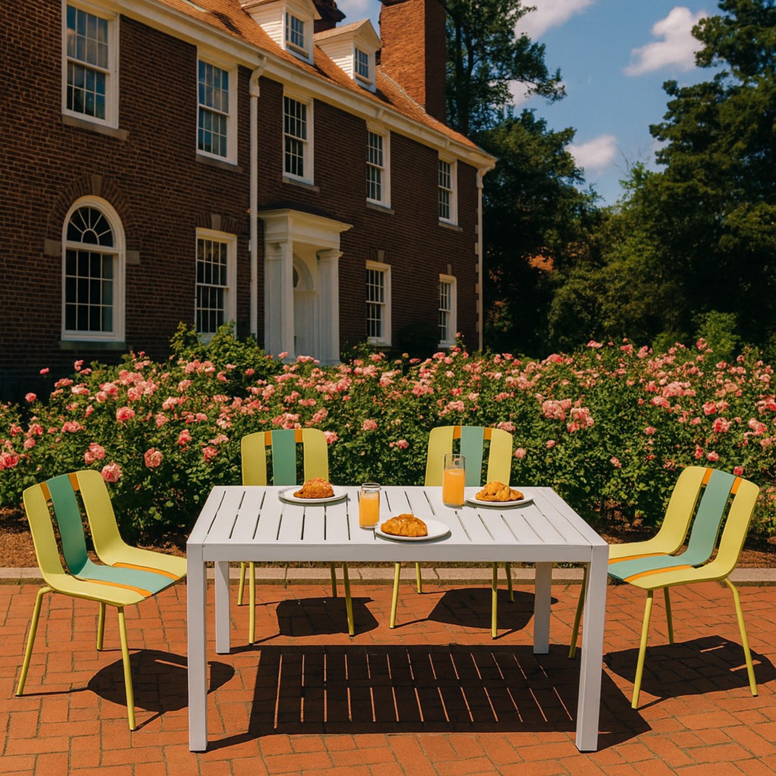 4 Piece Set Of Striped Color Blocking Single Chairs With Long Table - Grain Yellow / Haze Green / Tropical Orange / White - Image 8