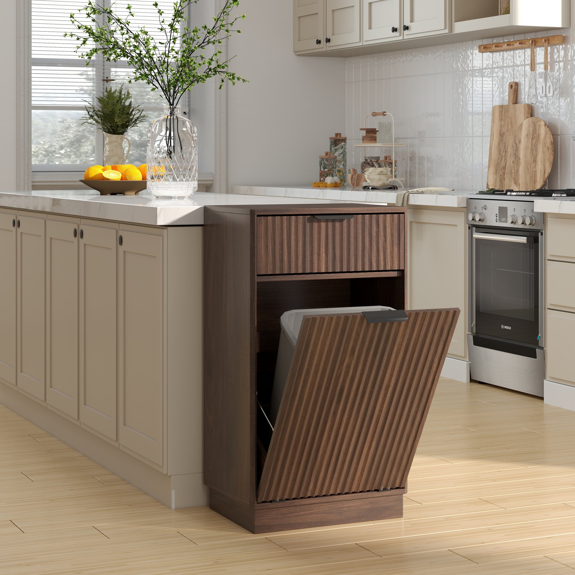 Tilt Out Trash Can Cabinet With Wave Textured Drawer & Pull Out Bin - Walnut - Image 2