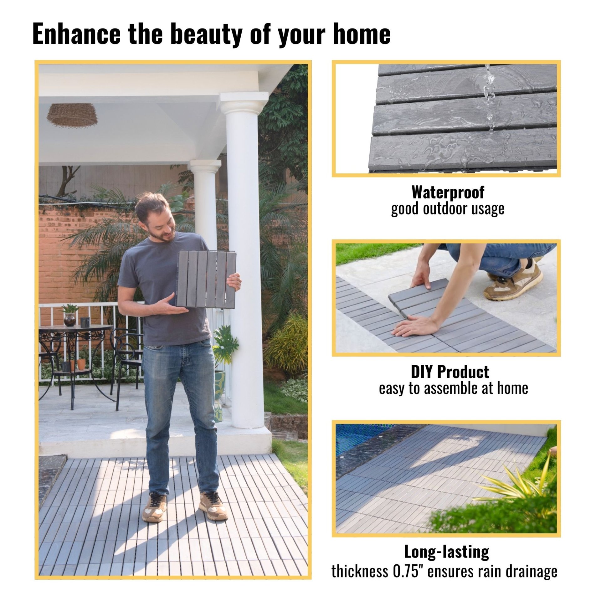 Interlocking Deck Tiles Striped Pattern Light Square Outdoor Flooring - Light Gray - Image 6