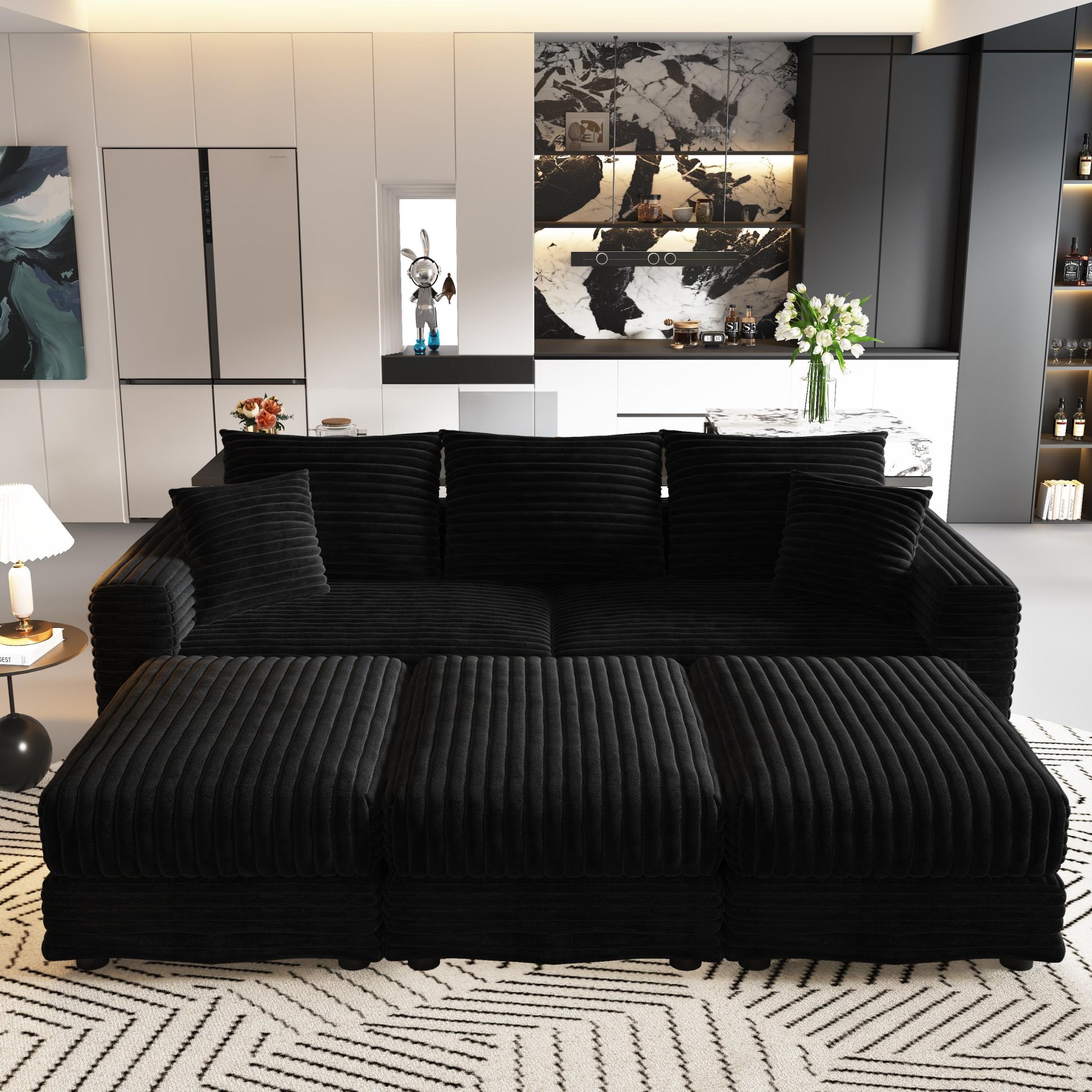 3 Seat Sofa, Deep Seat Couches With Soft Pillows And 3 Ottomans, Convertible Sofa Lounge Chair, For Living Room - Black - Image 11