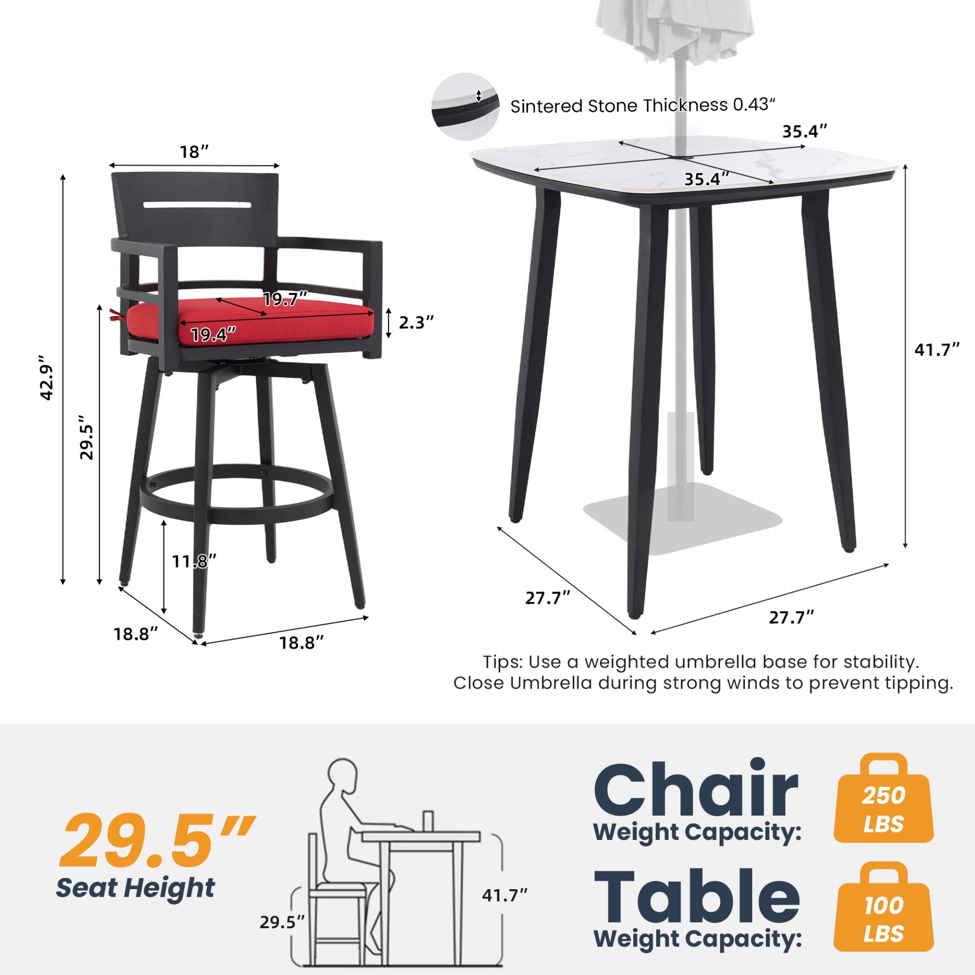5 Pieces Outdoor Patio Bar Set, Rounded Square Table & 4 Swivel Bar Chairs - Ember Black Frame / Greek White Marble-Inspired Sintered Stone - Image 3