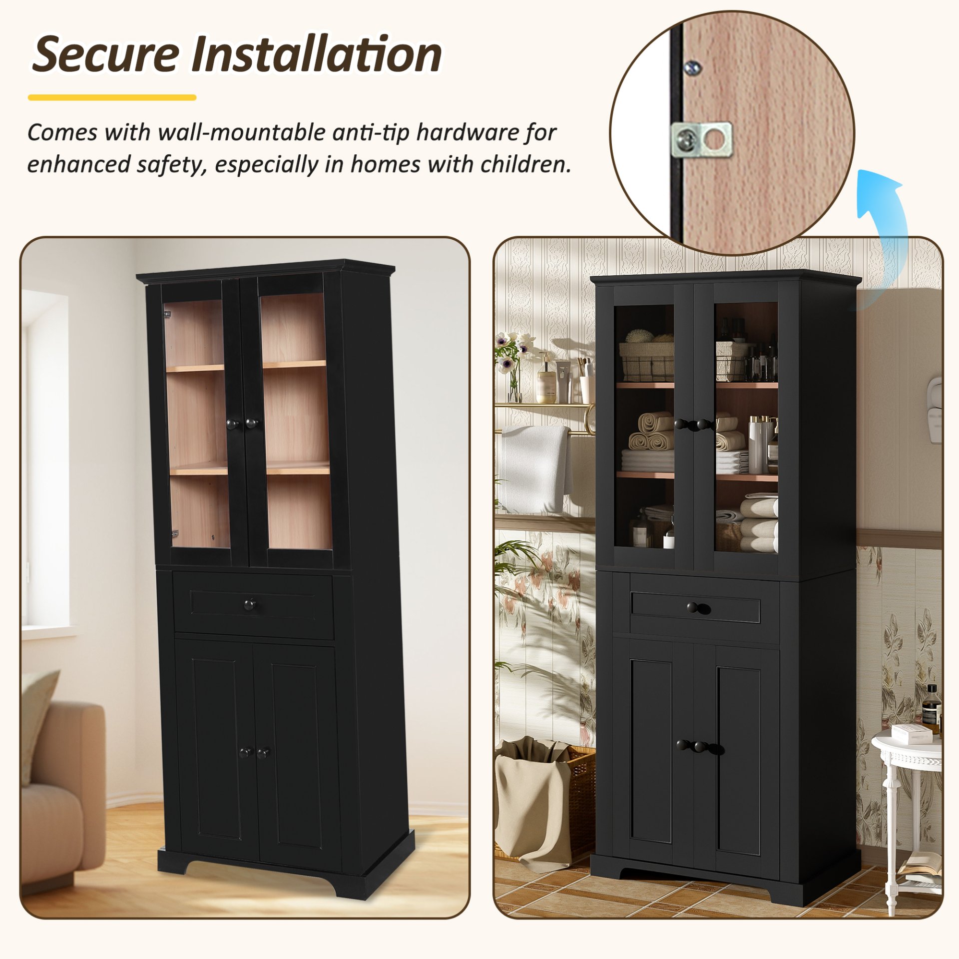 Bathroom Storage Cabinet, Adjustable Shelves & Drawer, Freestanding Linen Tower - Black - Image 8