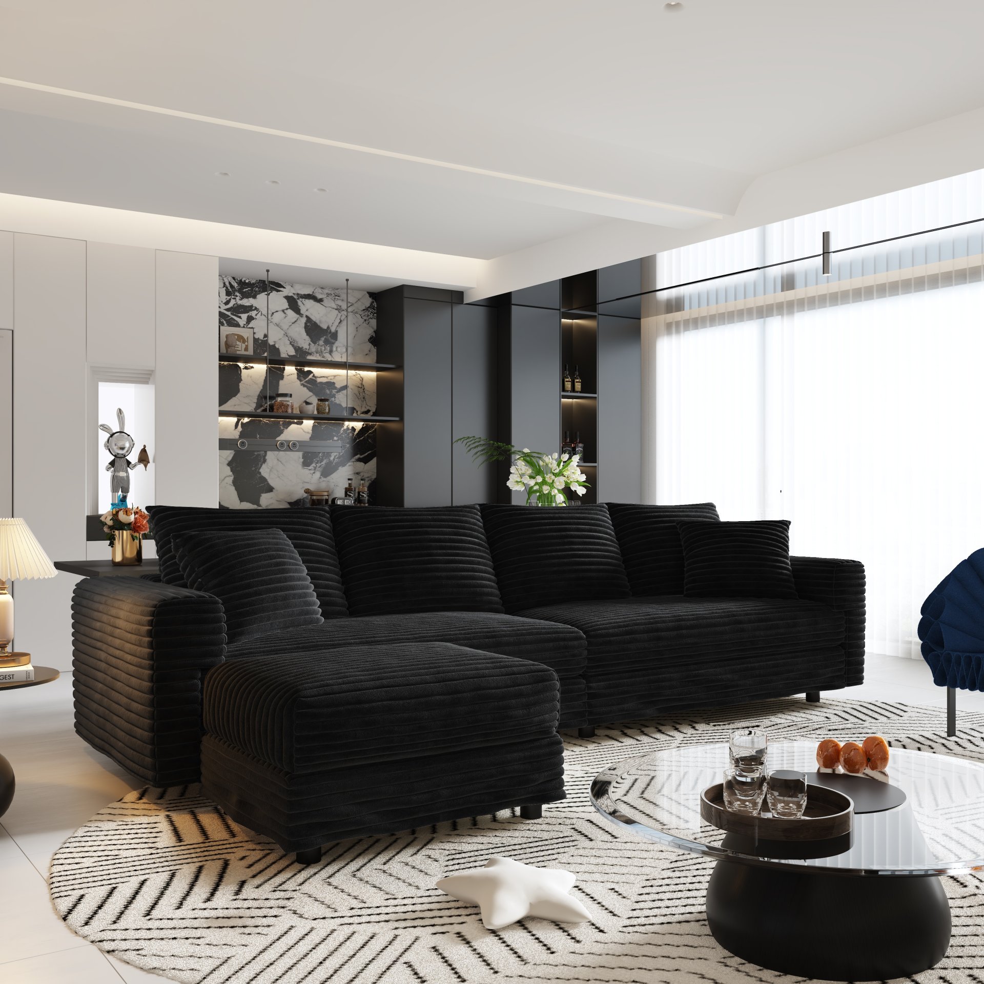4 Seat Sofa, Deep Seat Couches With Soft Pillows And Movable Ottoman, Convertible Sofa Lounge Chair, For Living Room - Black - Image 2