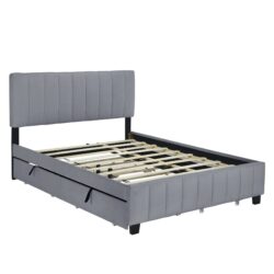 Queen Platform Contemporary Upholstered Bed With Drawers, Trundle - Gray