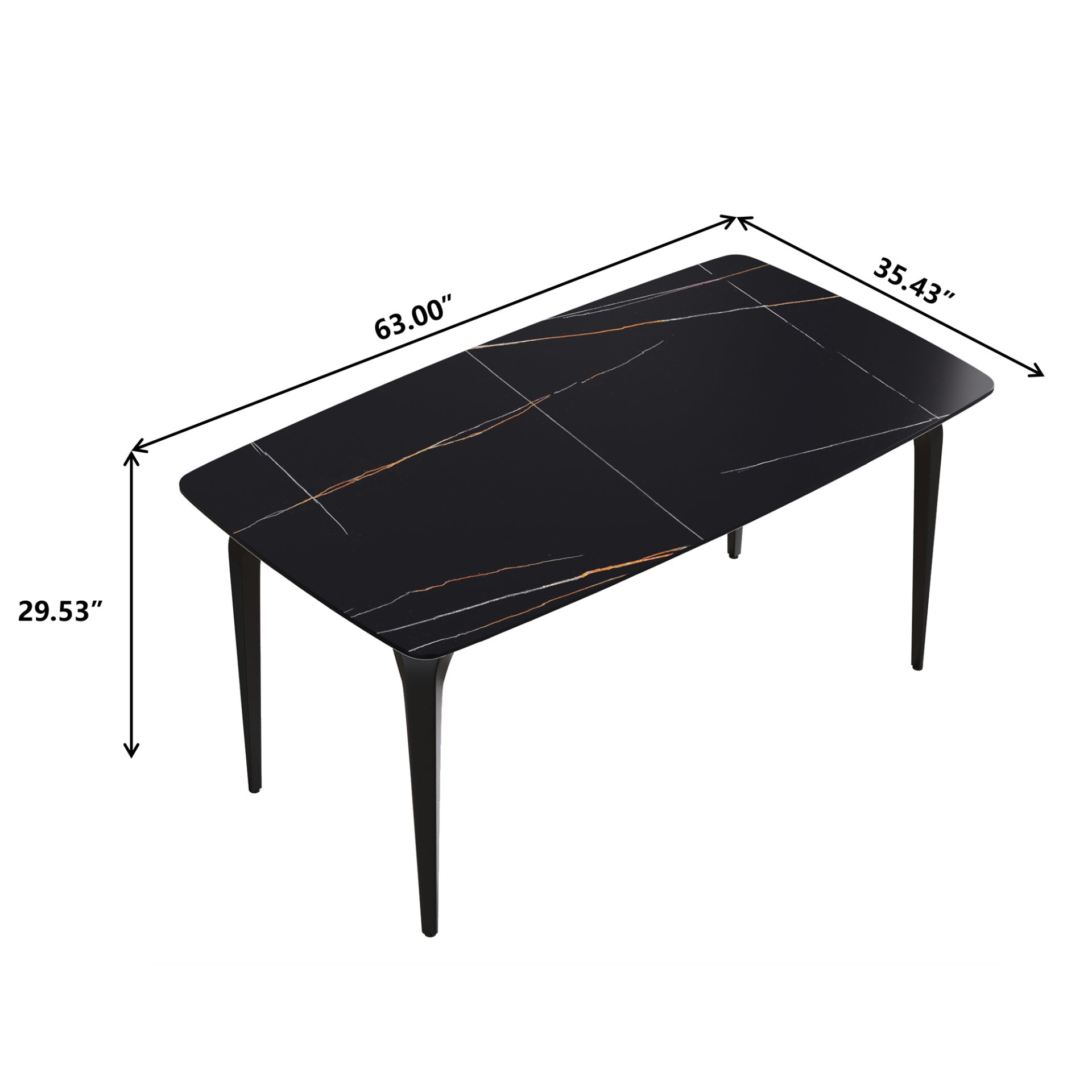 63" Artificial Stone Black Curved Black Metal Leg Dining Table, 6 People - Black - Image 3