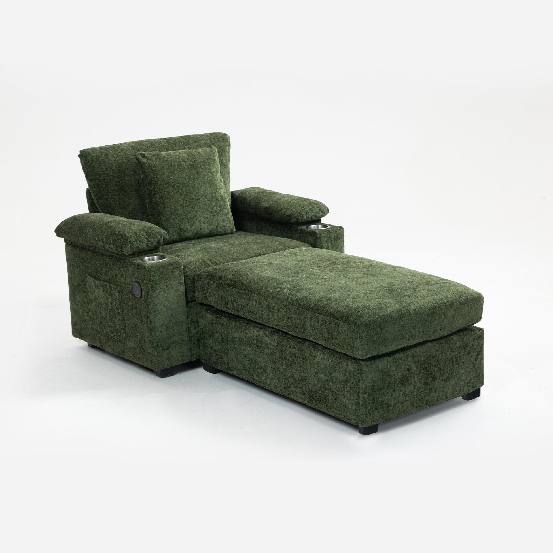Modern Oversized Chair With Ottoman, Chenille Fabric Sofa Bed, Accent Chair Comfy Sofa With Cupholders And USB Charging Ports Chair For Living Room - Green - Image 10