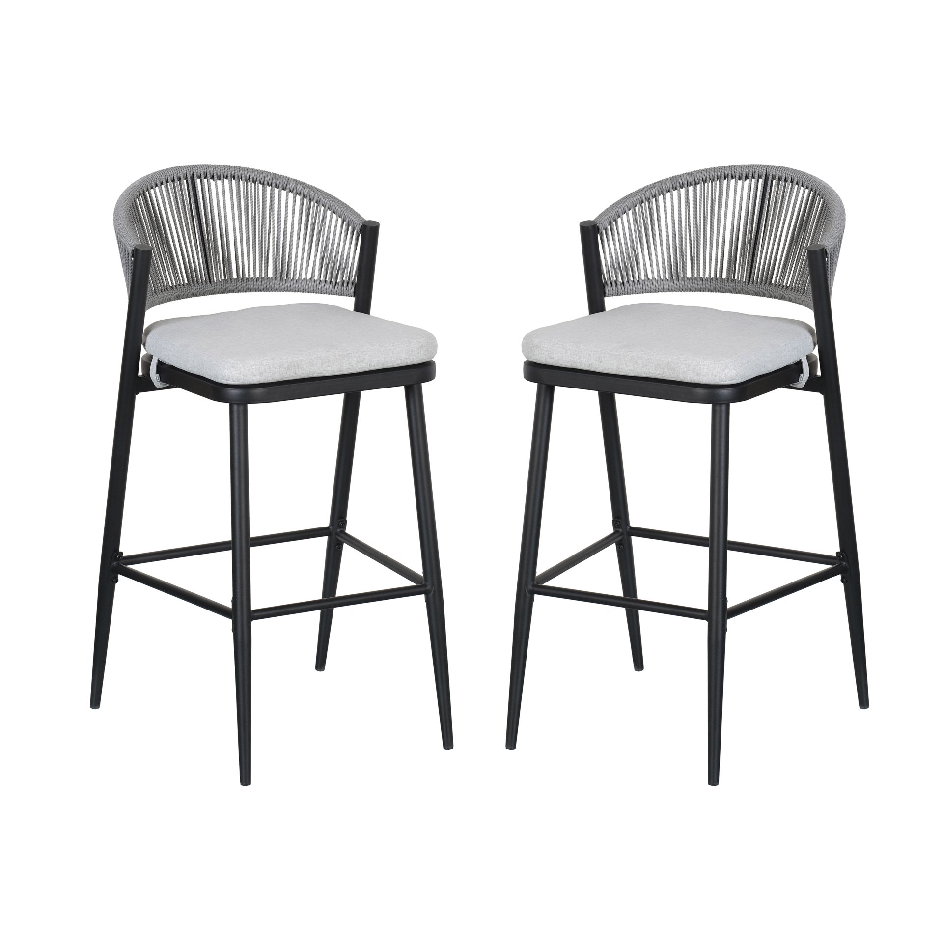 Outdoor Bar Height Metal Frame Counter Stools With Scallop Shaped Backrest & Water Resistant Cushions (Set of 2) - Matte Black - Image 5
