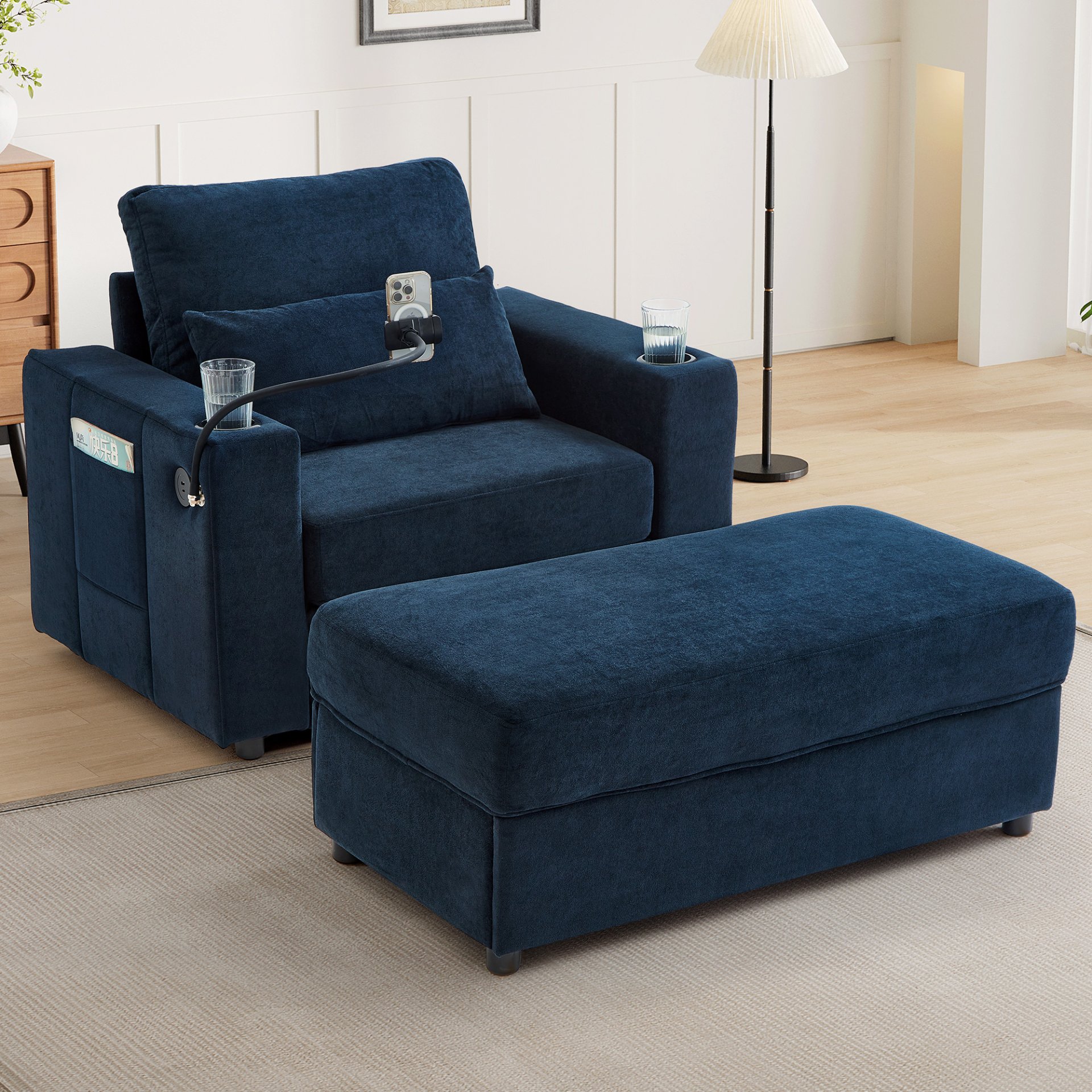 Modern Style Armchair Chaise Lounge Sofa Couch With Movable Storage Ottoman, USB Ports, Cup Holders, Phone Holder, Side Pockets - Blue - Image 11