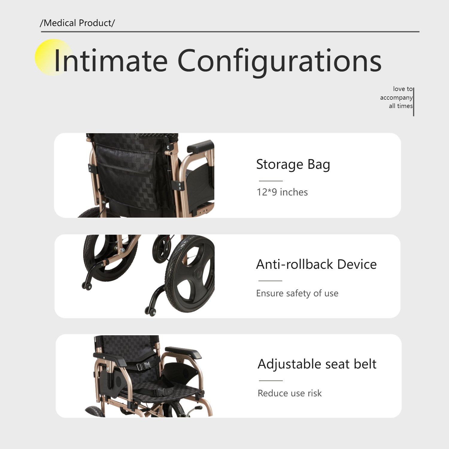 Lightweight Foldable Transport Wheelchair Square Tube Design With Double Brakes Adjustable Armrest & Breathable Seat Cushion Ideal For Disabled & Post Surgery Recovery - Black / Gold - Image 9