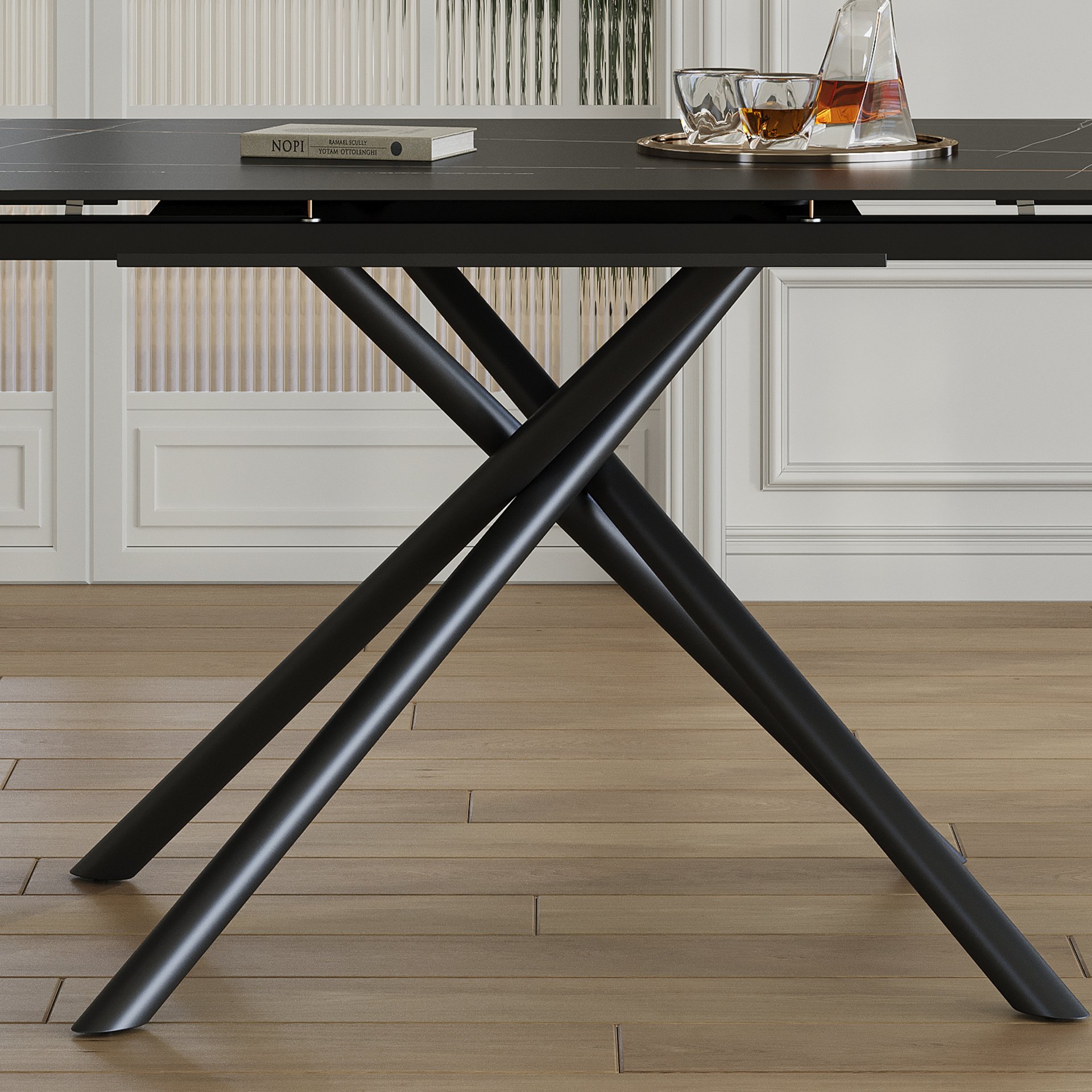 Retractable Dining Table With Carbon Steel Legs, For 6 - 8 Seats - Black - Image 5