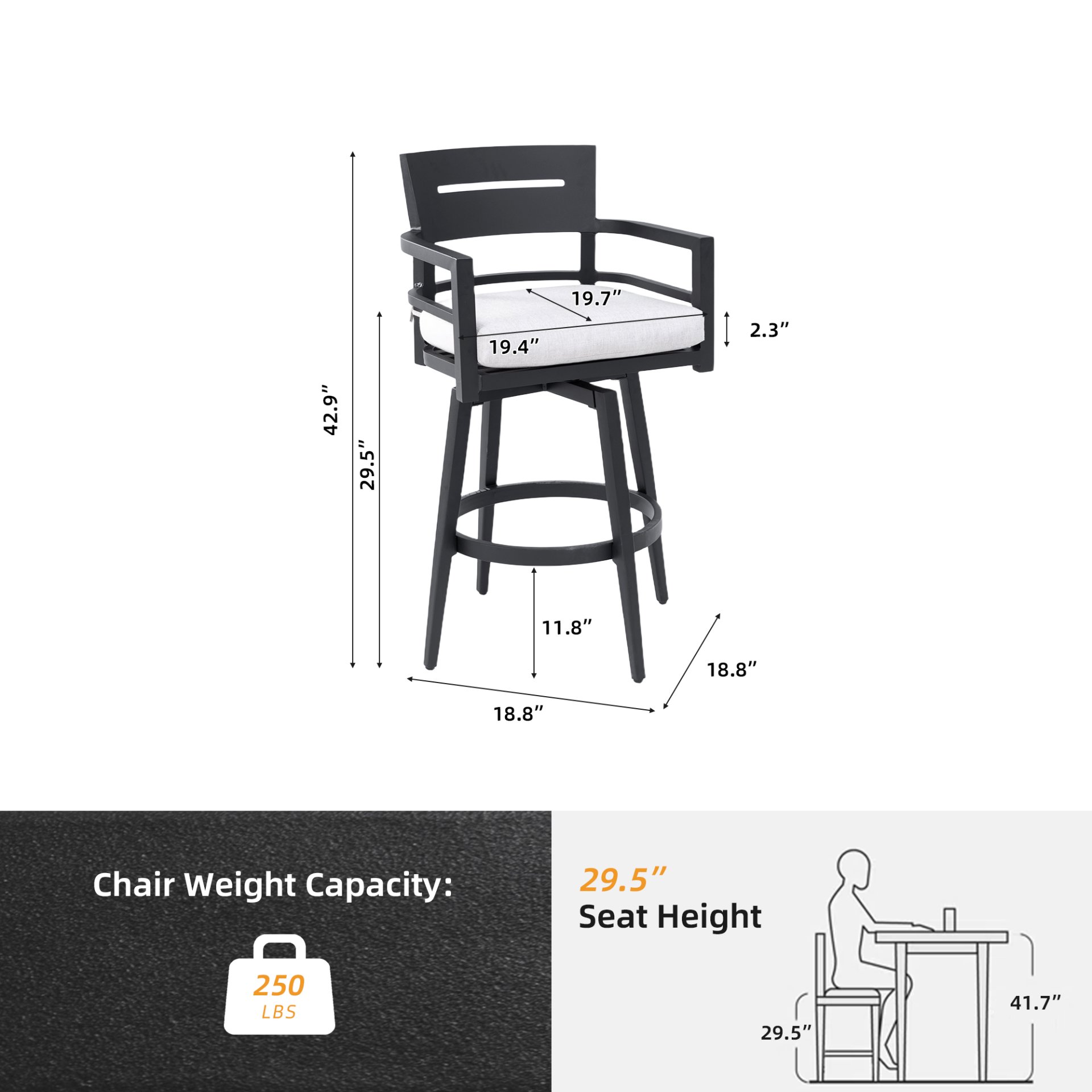Modern Outdoor Swivel Bar Chairs, 360 Degree Rotation, Ergonomic Backrest, Armrests & Sunbrella Cushions, Weather Resistant (Set of 2) - Ember Black - Image 3