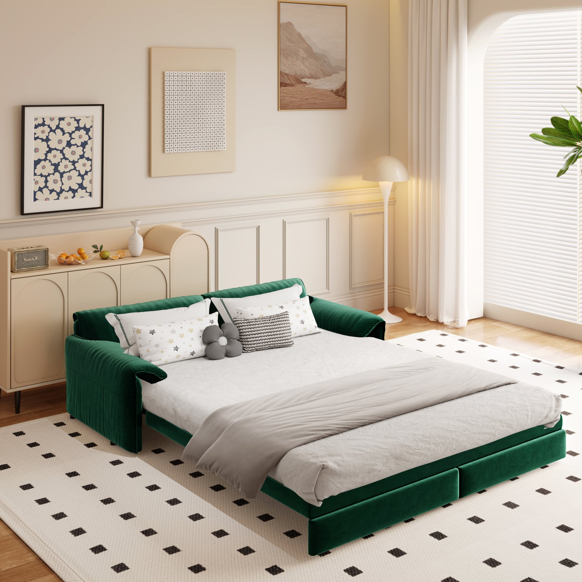 Queen Pull Out Sofa Bed, 3 In 1 Convertible Sleeper Sofa With Side Storage - Green - Image 4