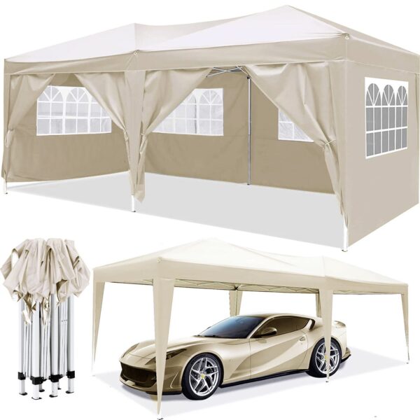 10'X20' Ez Pop Up Canopy Outdoor Portable Party Folding Tent With 6 Removable Sidewalls + Carry Bag + 4 Pieces Weight Bag - Beige