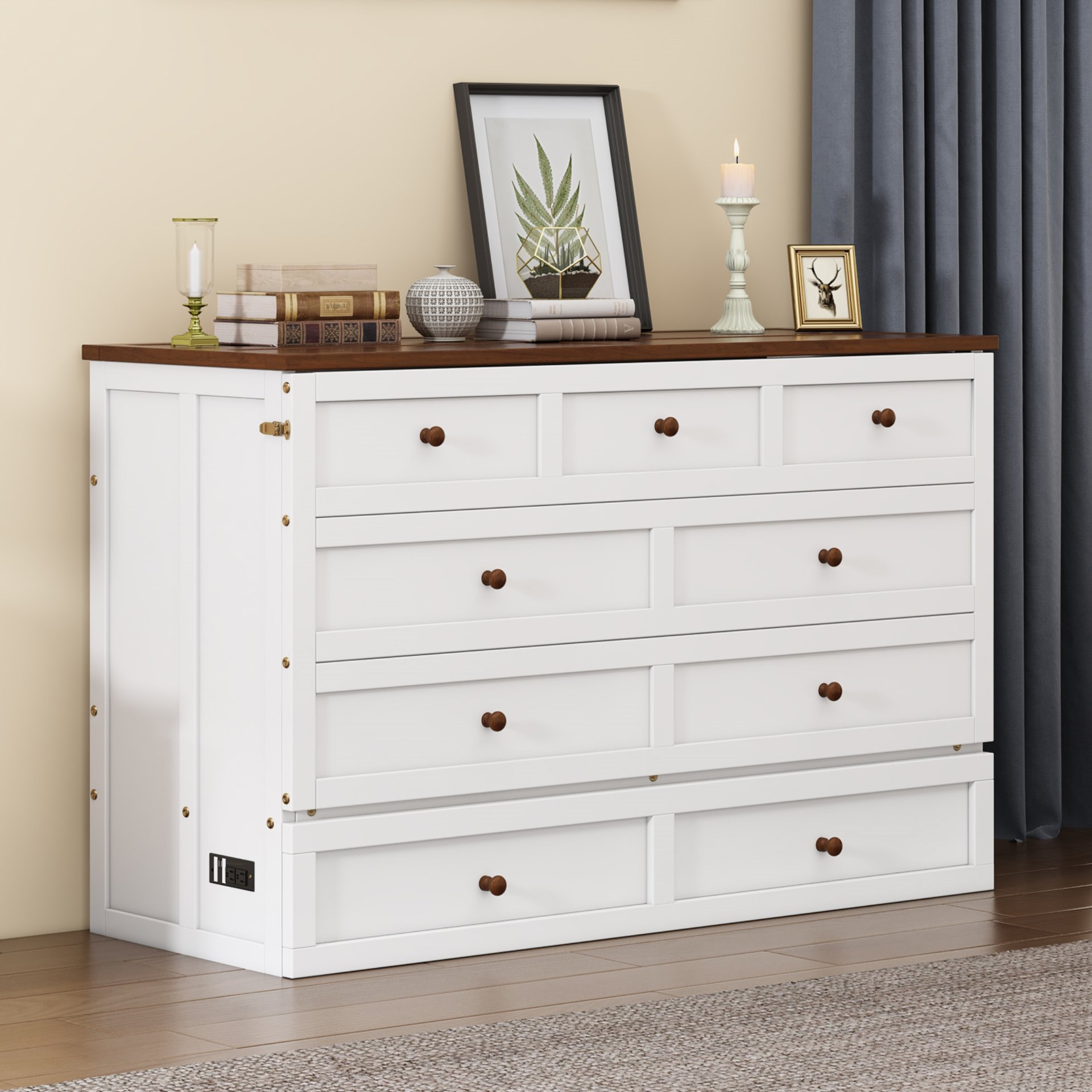 Full Solid Pine Murphy Bed Chest With Charging Station And Large Storage Drawer For Home Office Or Small Room - White / Walnut - Image 6
