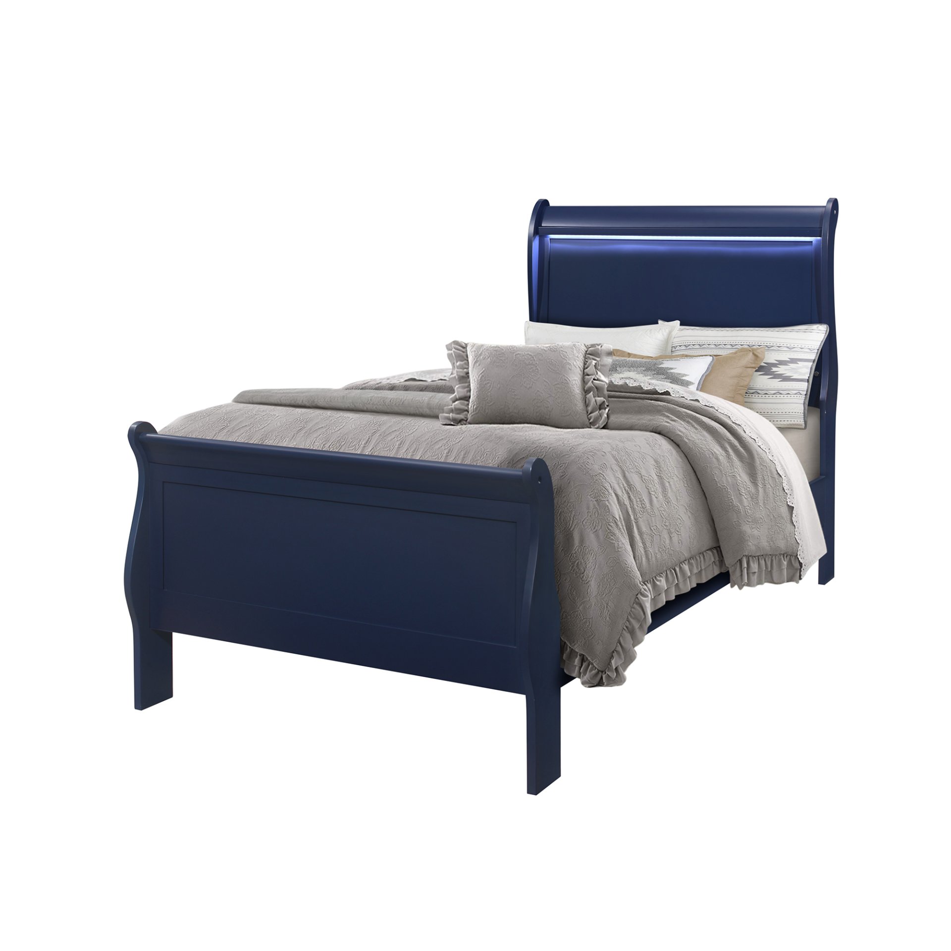 Charlston - Twin Bed With LED, Sleigh Bed - Blue - Image 6