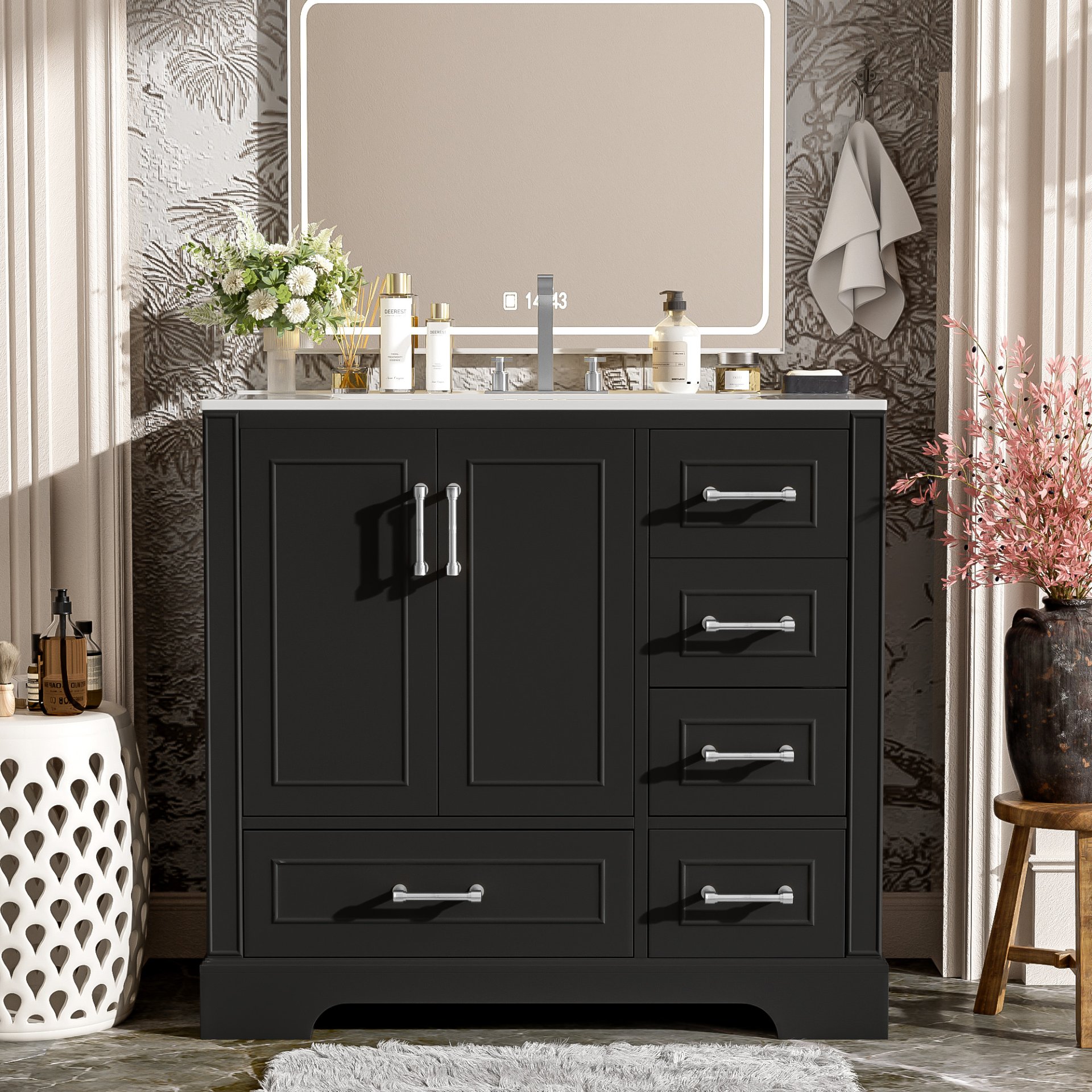 Traditional 36" Bathroom Vanity With Sink And Cabinet With Soft Close Doors And Drawers - Black - Image 6