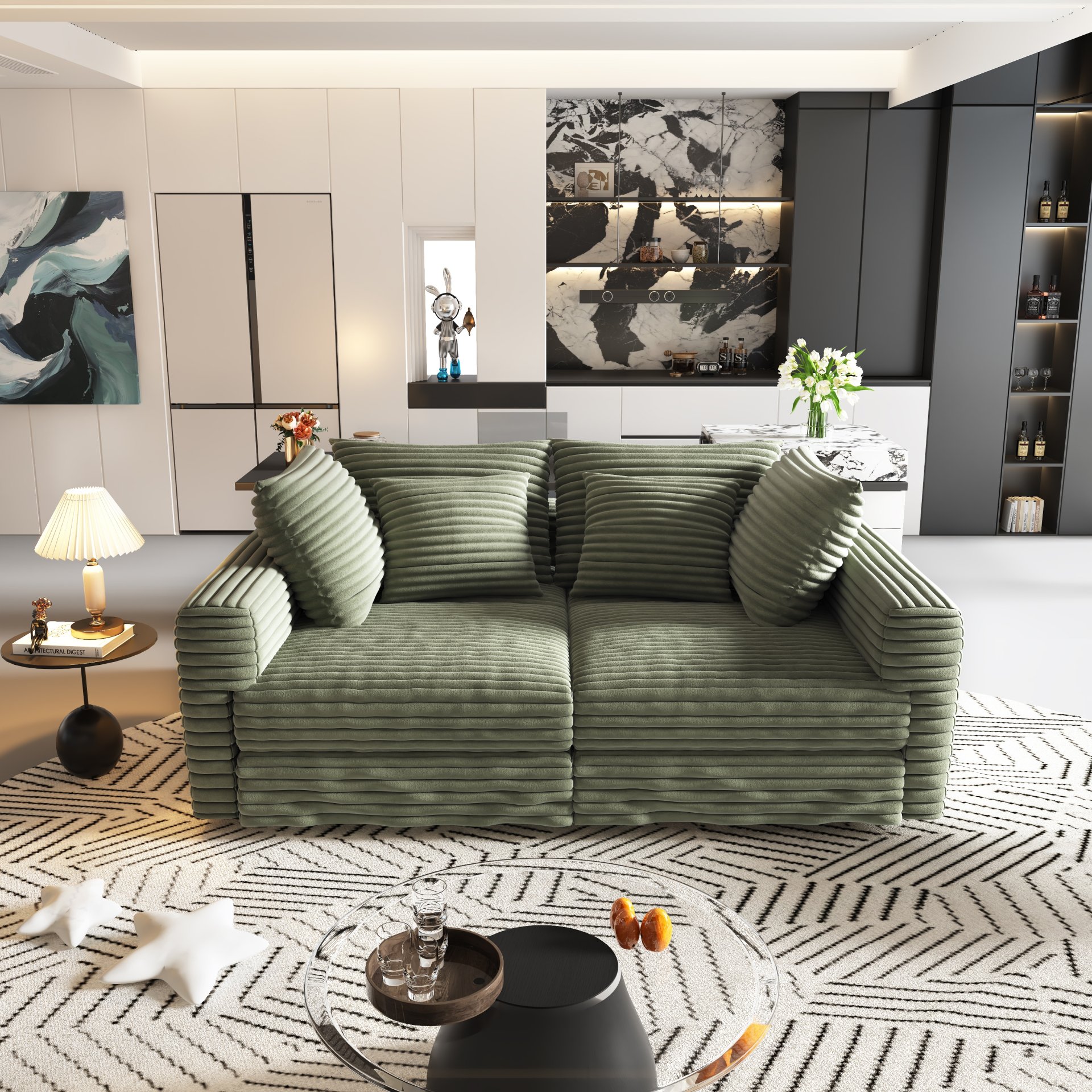 4 Seat Sofa, Deep Seat Couches With Soft Pillows And 2 Ottomans, Convertible Sofa Lounge Chair, For Living Room - Green - Image 16