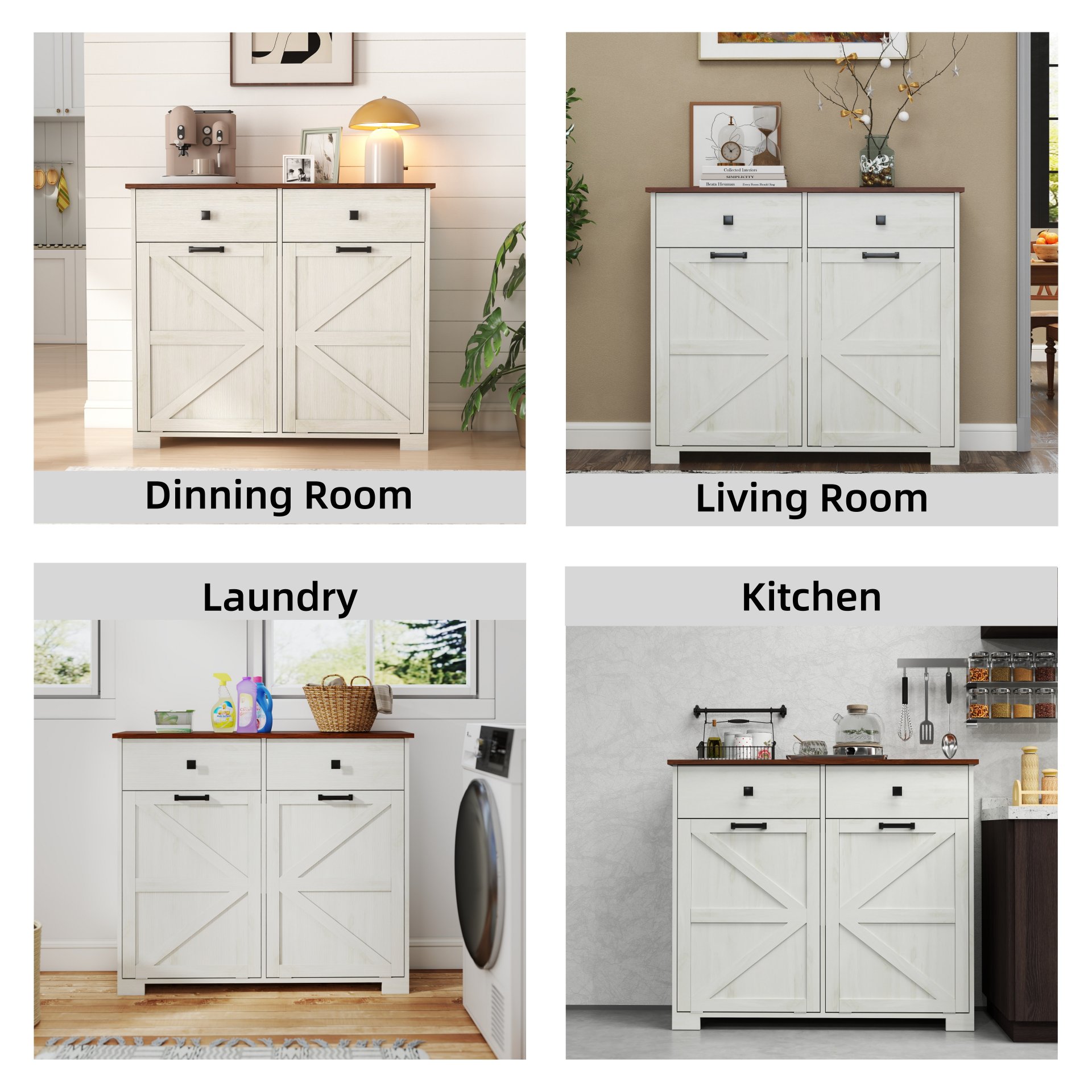 Barn Door Double Tilt Out Trash Cabinet For 20 Gallon Cans With Free Standing Recycling And Laundry Storage - Brown / Antique White - Image 10