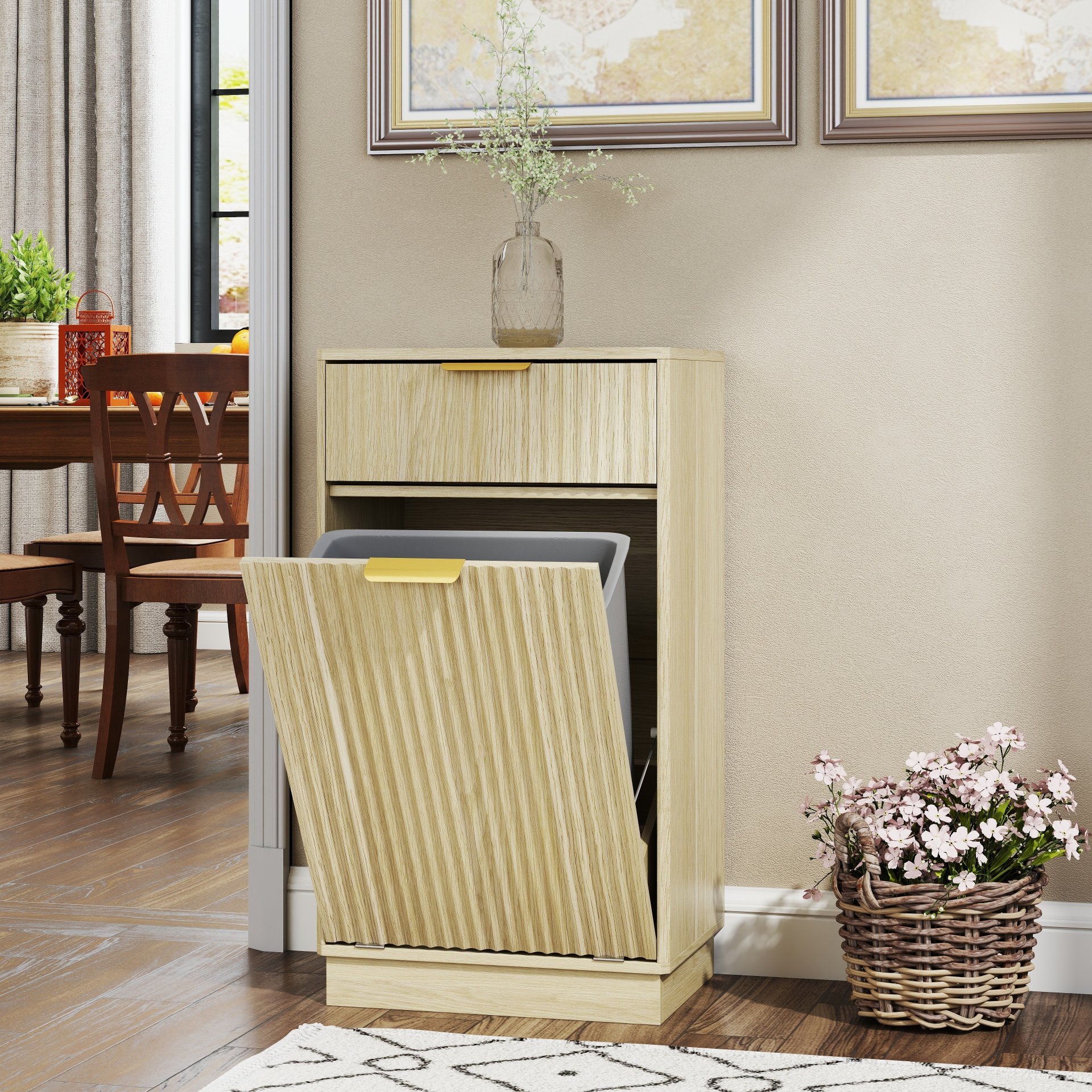 10 Gallon Tilt Out Trash Can Cabinet With Wave Textured Drawer - Oak - Image 4
