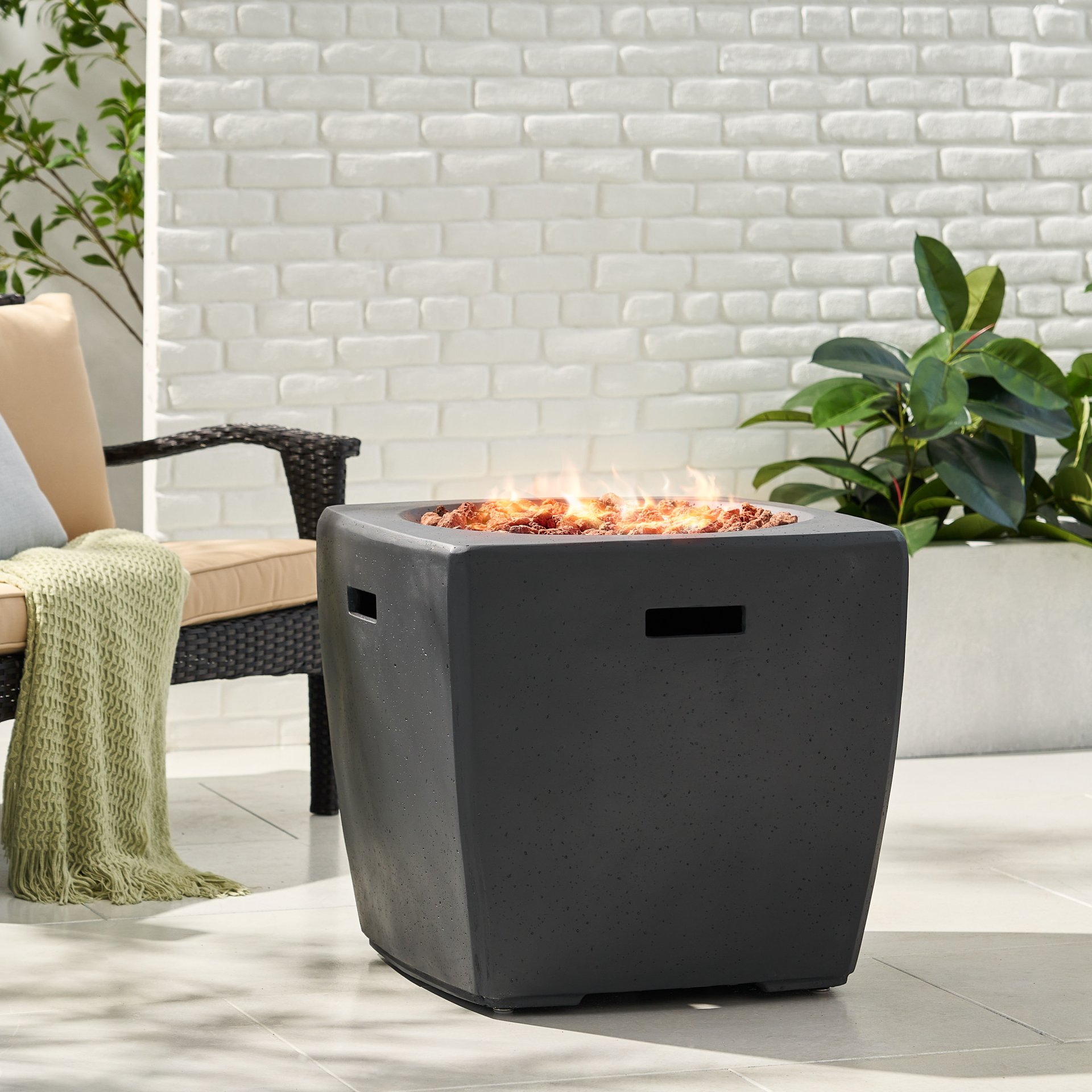 Outdoor Lightweight Concrete Square Fire Pit 40, 000 Btu With Built In Tank Storage - Dark Gray - Image 2