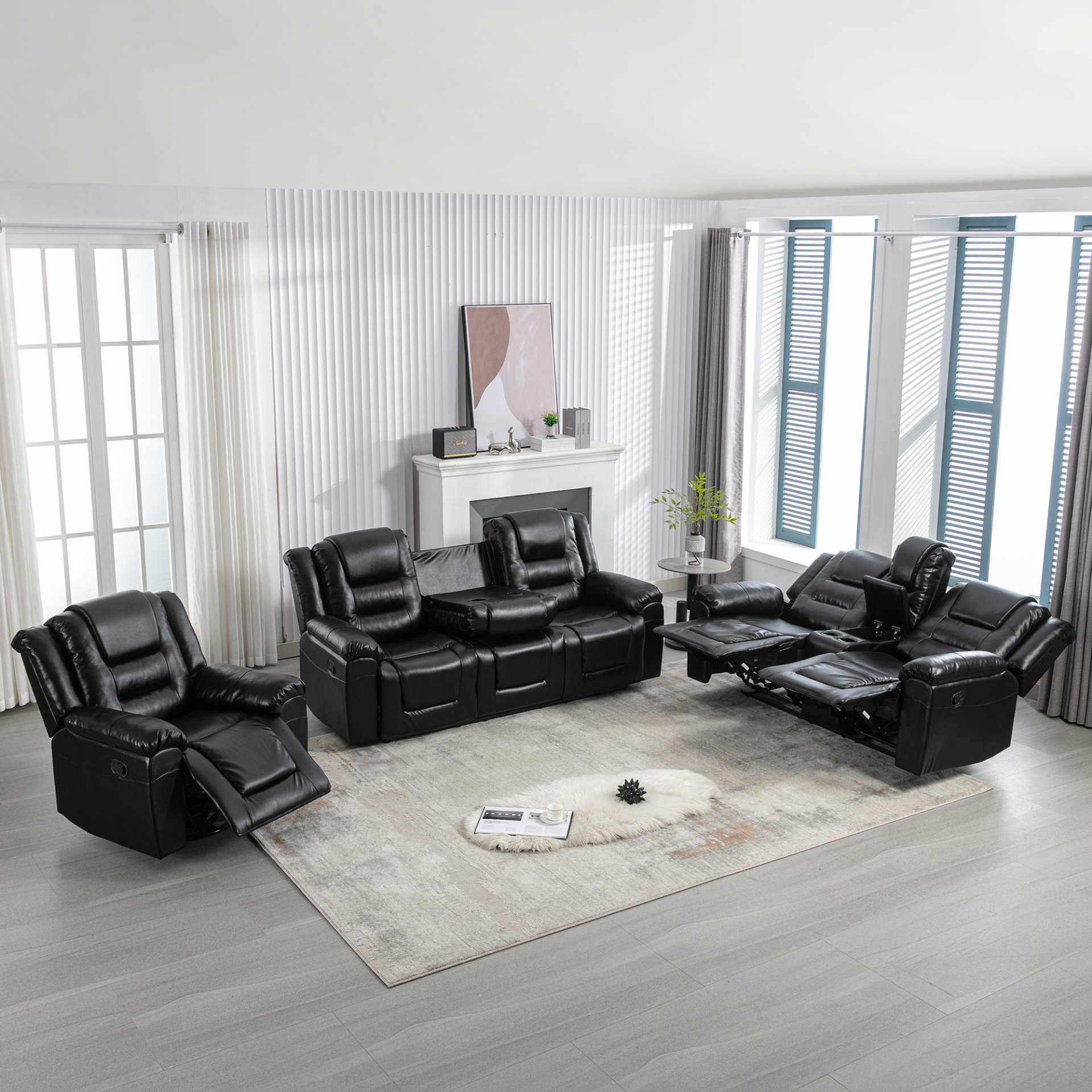 Home Theater Recliner Set Manual Recliner Chair With Wide Armrest, Two Built-In Cup Holders For Living Room - Black - Image 12