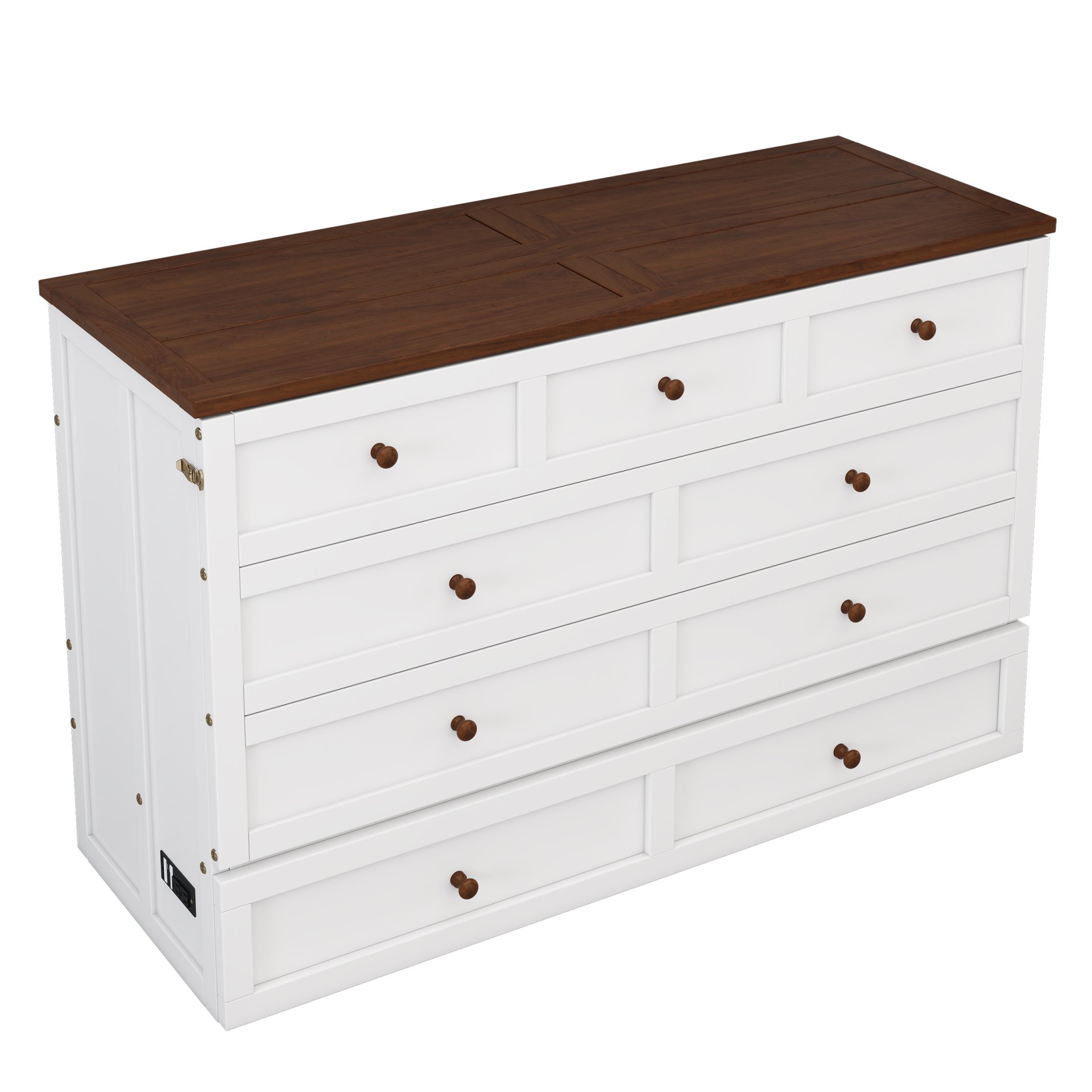 Full Solid Pine Murphy Bed Chest With Charging Station And Large Storage Drawer For Home Office Or Small Room - White / Walnut - Image 13
