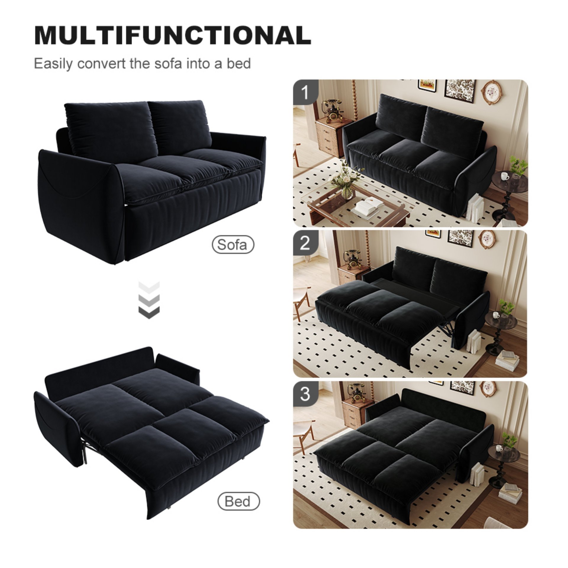 Pull Out Sofa Bed, 3 Seat Convertible Sleeper Sofa With 2 In 1 Pillow And Blanket Set Multifunctional Velvet Loveseat Bed - Black - Image 12