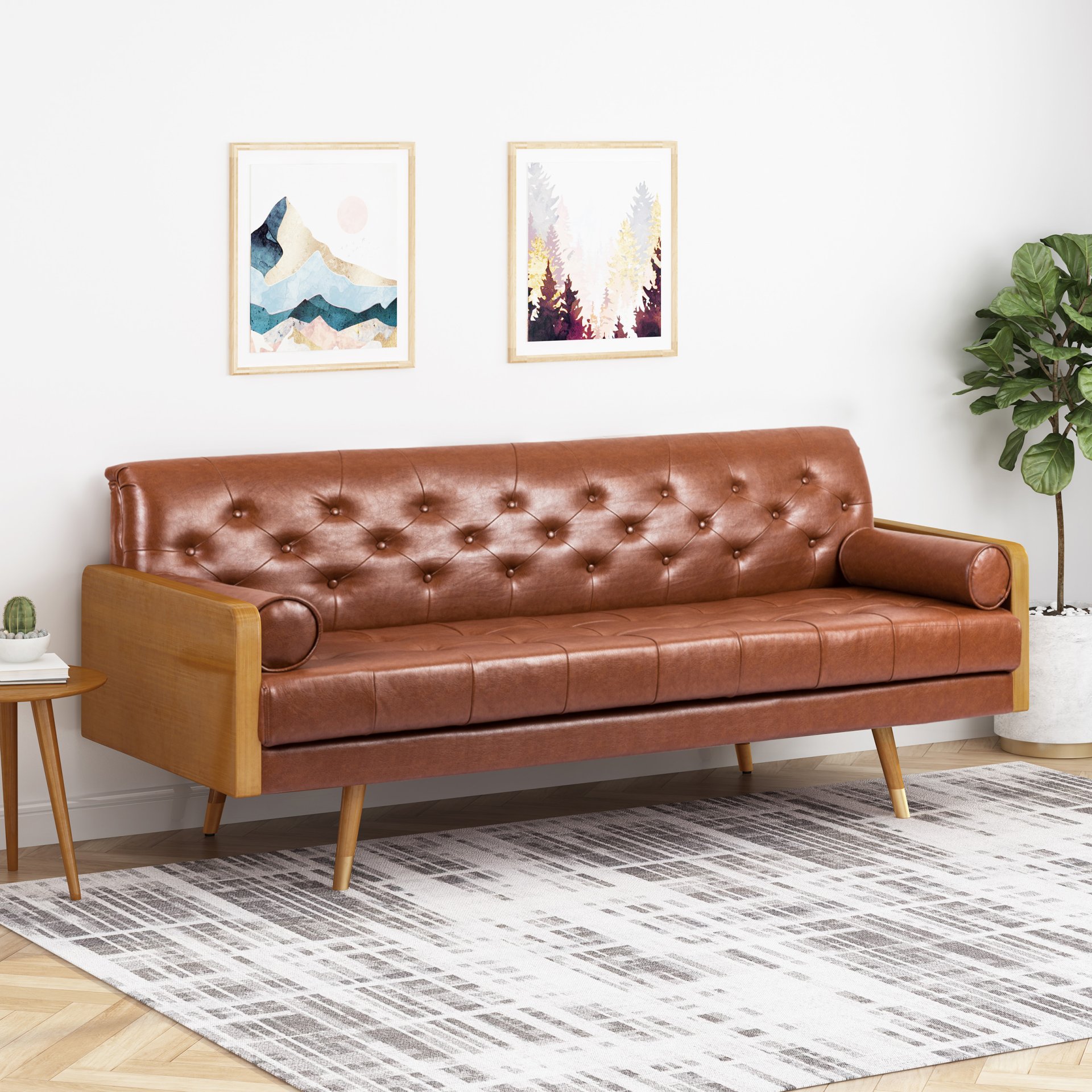 Adelaide - Mid Century Modern Tufted Sofa With Rolled Accent Pillows - Light Brown - Image 2