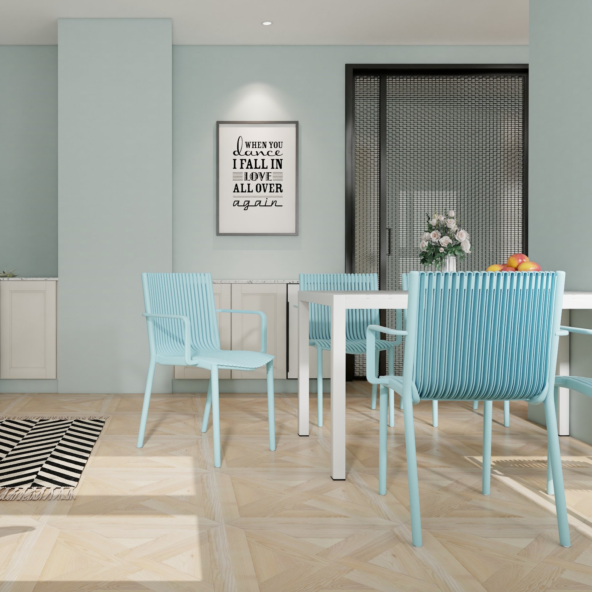 4 Piece Stackable Single Chairs With Vertical Stripe Design For All Weather - Light Blue - Image 2