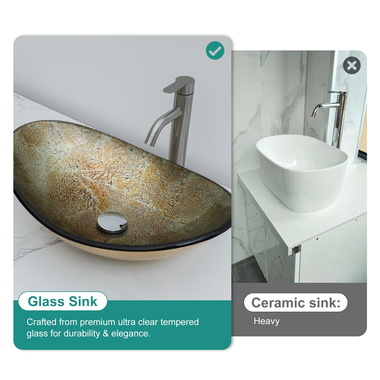 Vessel Sink With Chrome Pop Up Drain, Boat Shape Bathroom Sink Above Counter - Gold - Image 2