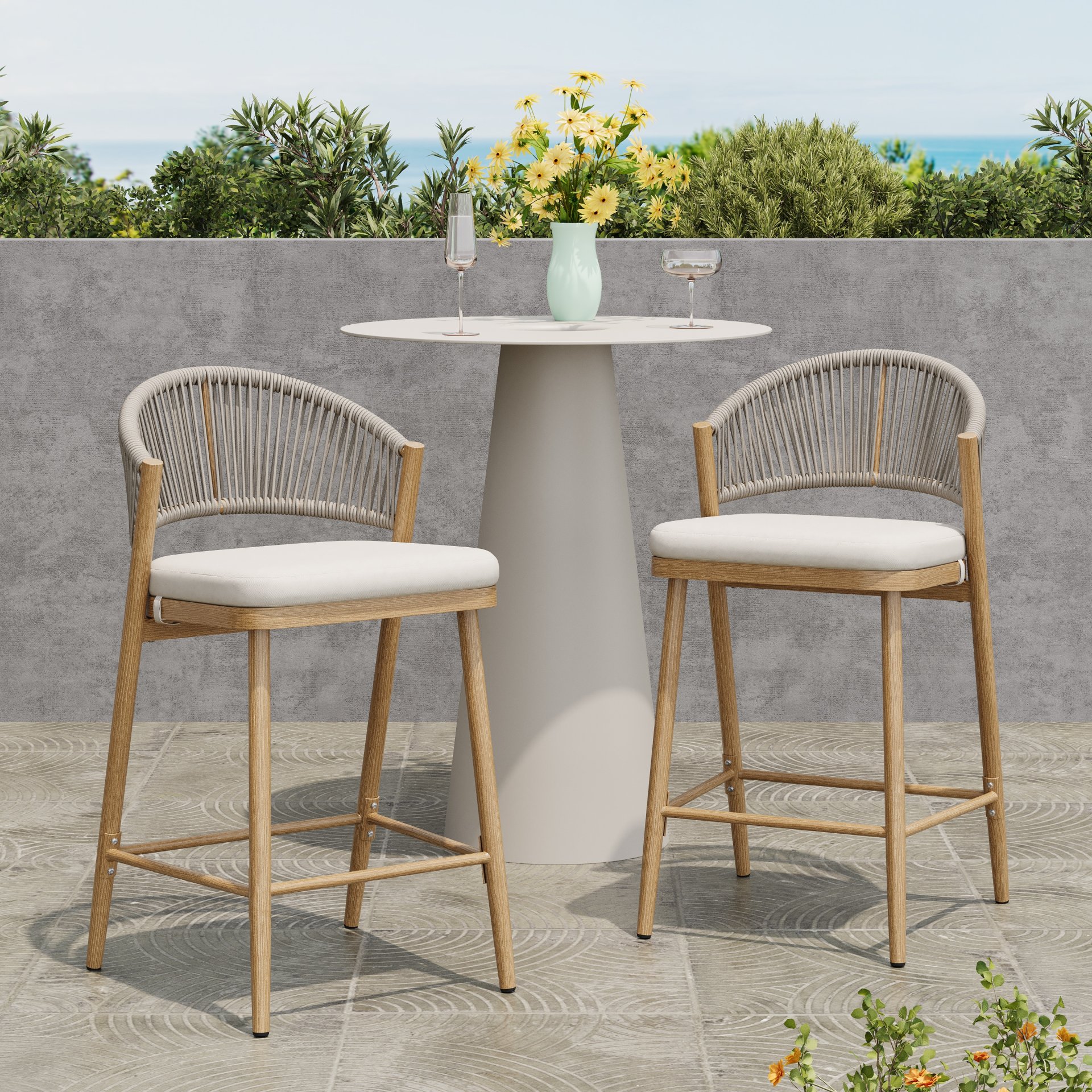 Outdoor Counter Height Aluminum Frame Counter Stools With Scallop Shaped Backrest & Water Resistant Cushions (Set of 2) - Maple - Image 2