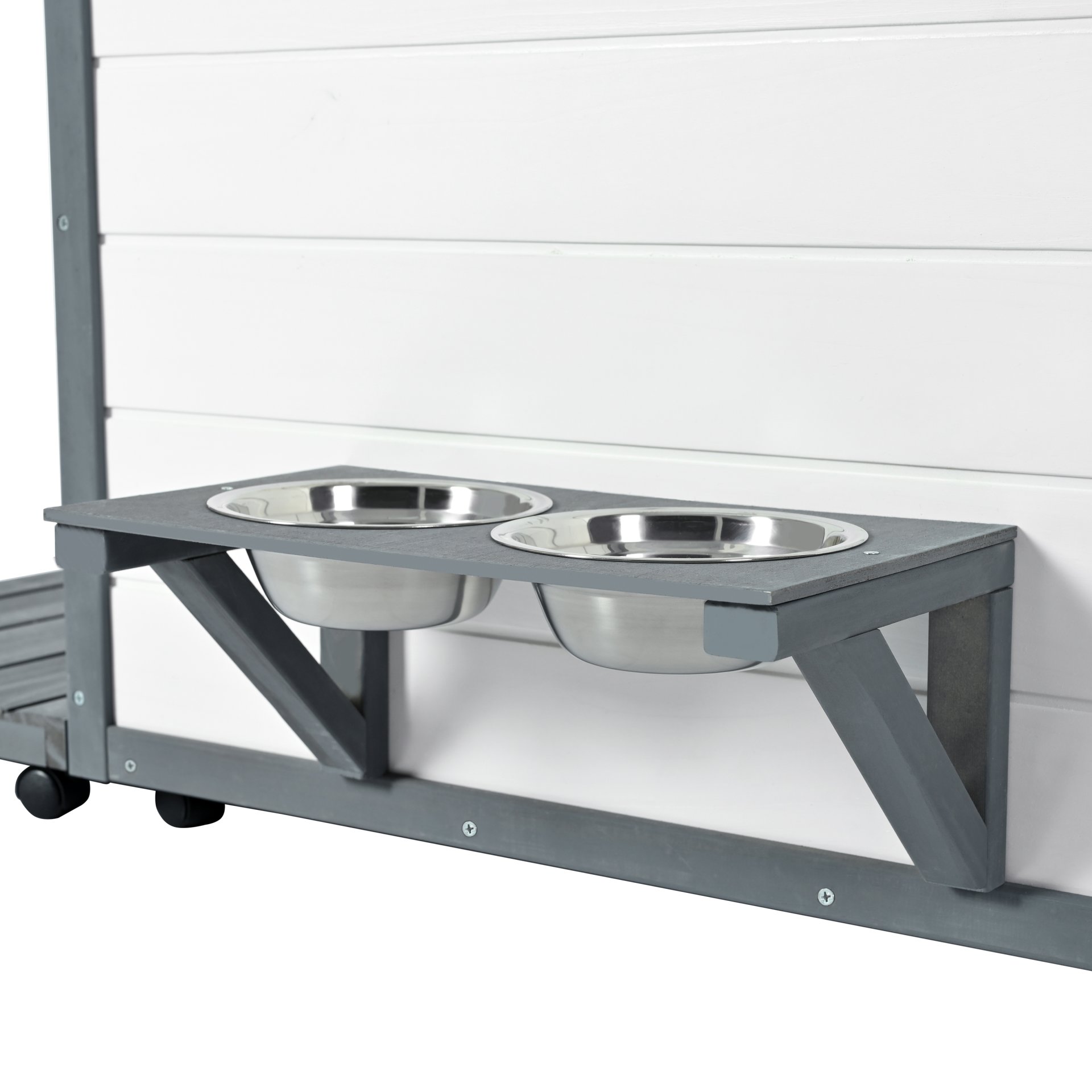 Modern Design Outdoor Dog House With Food Bowl And Wheels Pine - Gray / White - Image 9