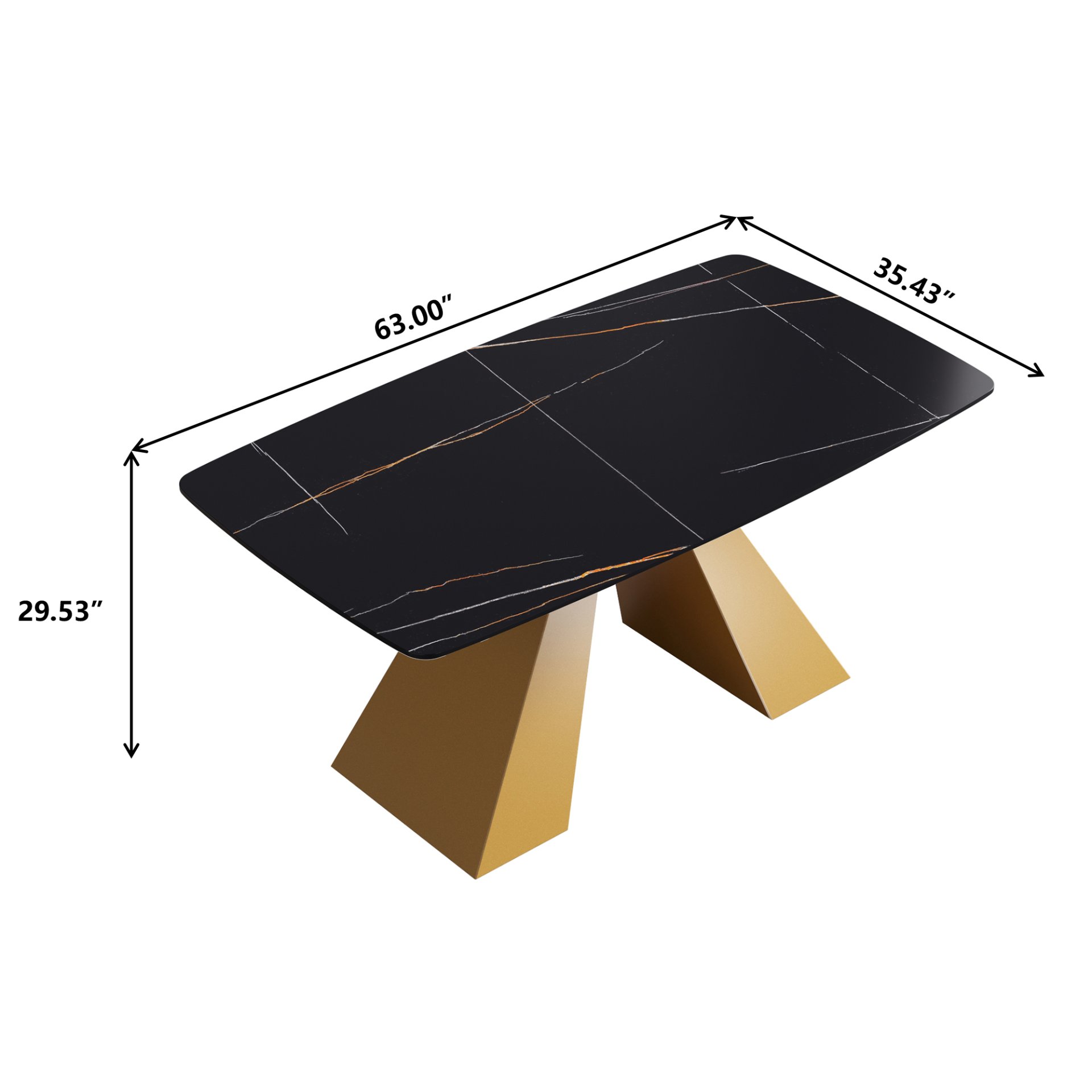 63" Artificial Stone Black Curved Golden Metal Leg Dining Table, 6 People - Black / Gold - Image 3