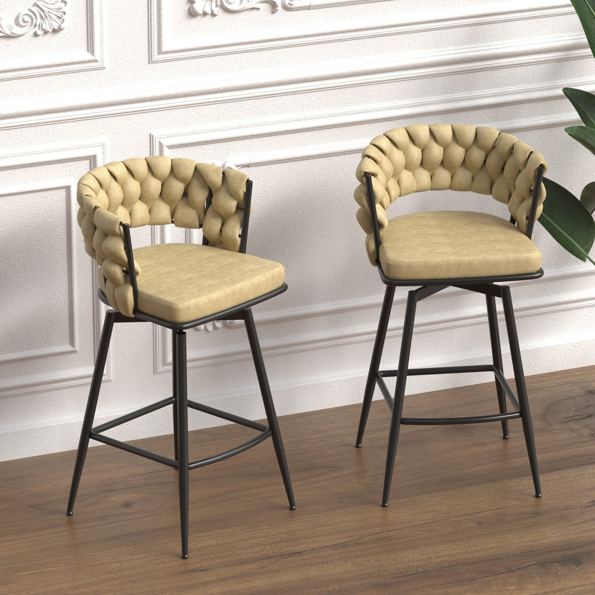 Technical Leather Woven Bar Stool (Set of 2), 360 Swivel Bar Stools With Back And Footrest - Light Brown - Image 2