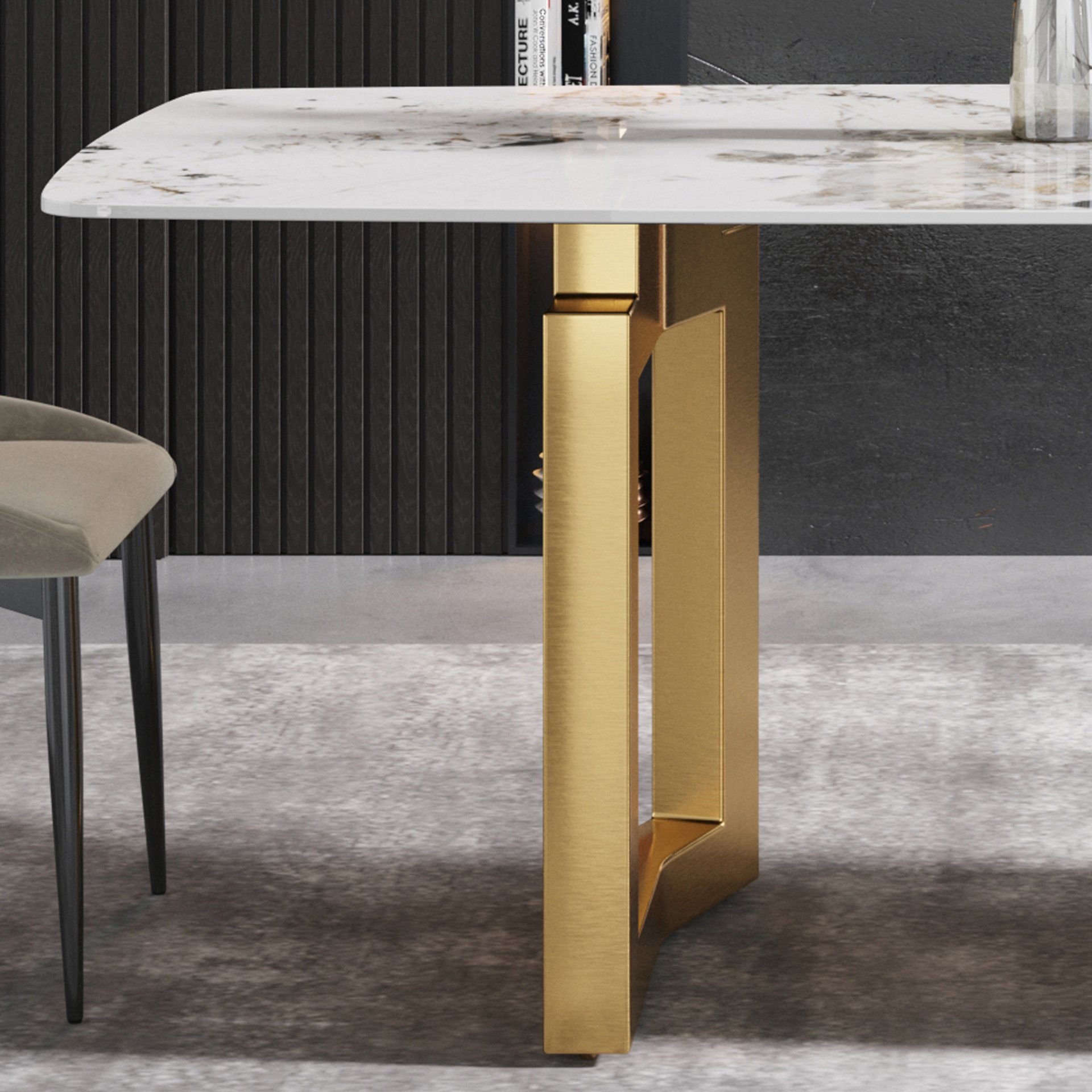 63" Artificial Stone Pandora White Curved Golden Metal Leg Dining Table, 6 People - Antique White / Gold - Image 9