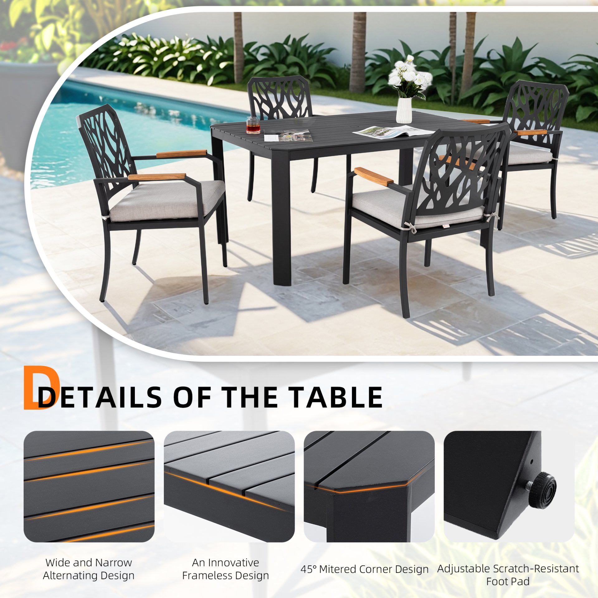 5 Pieces Outdoor Patio Aluminum Furniture Set, Rectangular Table With Umbrella Hole - Bourbon Brown - Image 7