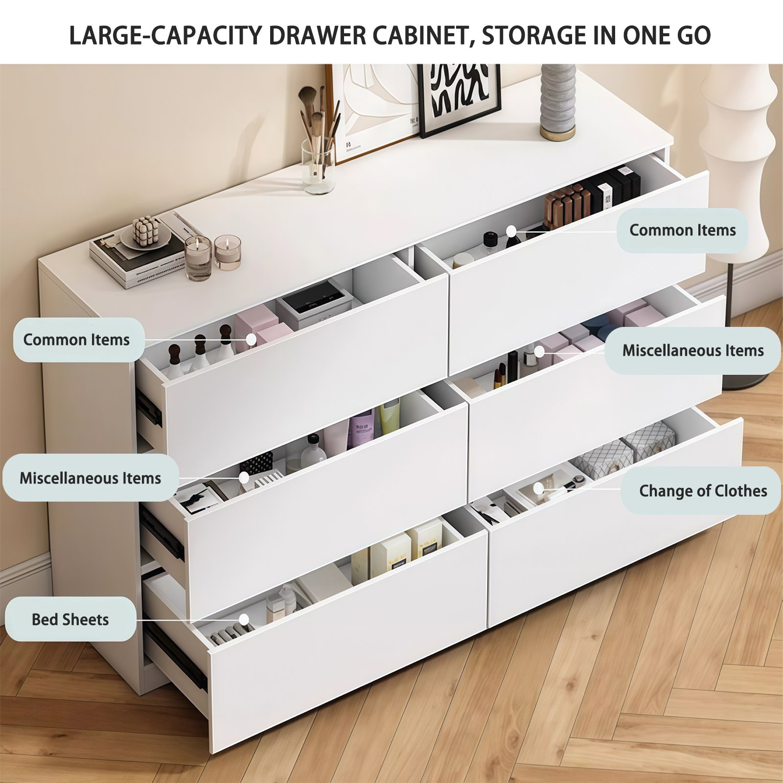 Modern 6 Drawer Dresser With Spacious Countertop And Concealed Handles, Storage Cabinet For Bedroom And Living Room - White - Image 6