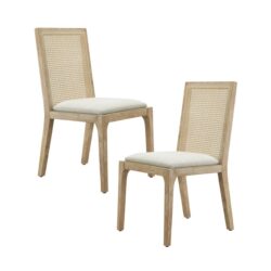 Dining Chair With Synthetic Cane Back And Upholstered Seat (Set of 2) - Natural