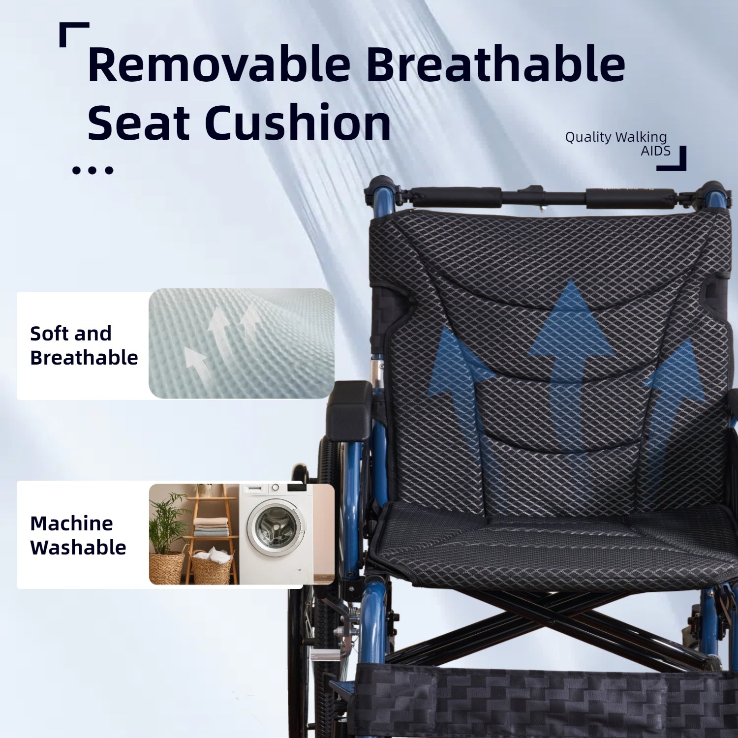Premium Foldable Transport Wheelchair Frame Double Brakes Adjustable Armrests & Seat Belt Breathable Cushion Anti Backflip 300Lbs Capacity - Black / Blue - Image 9
