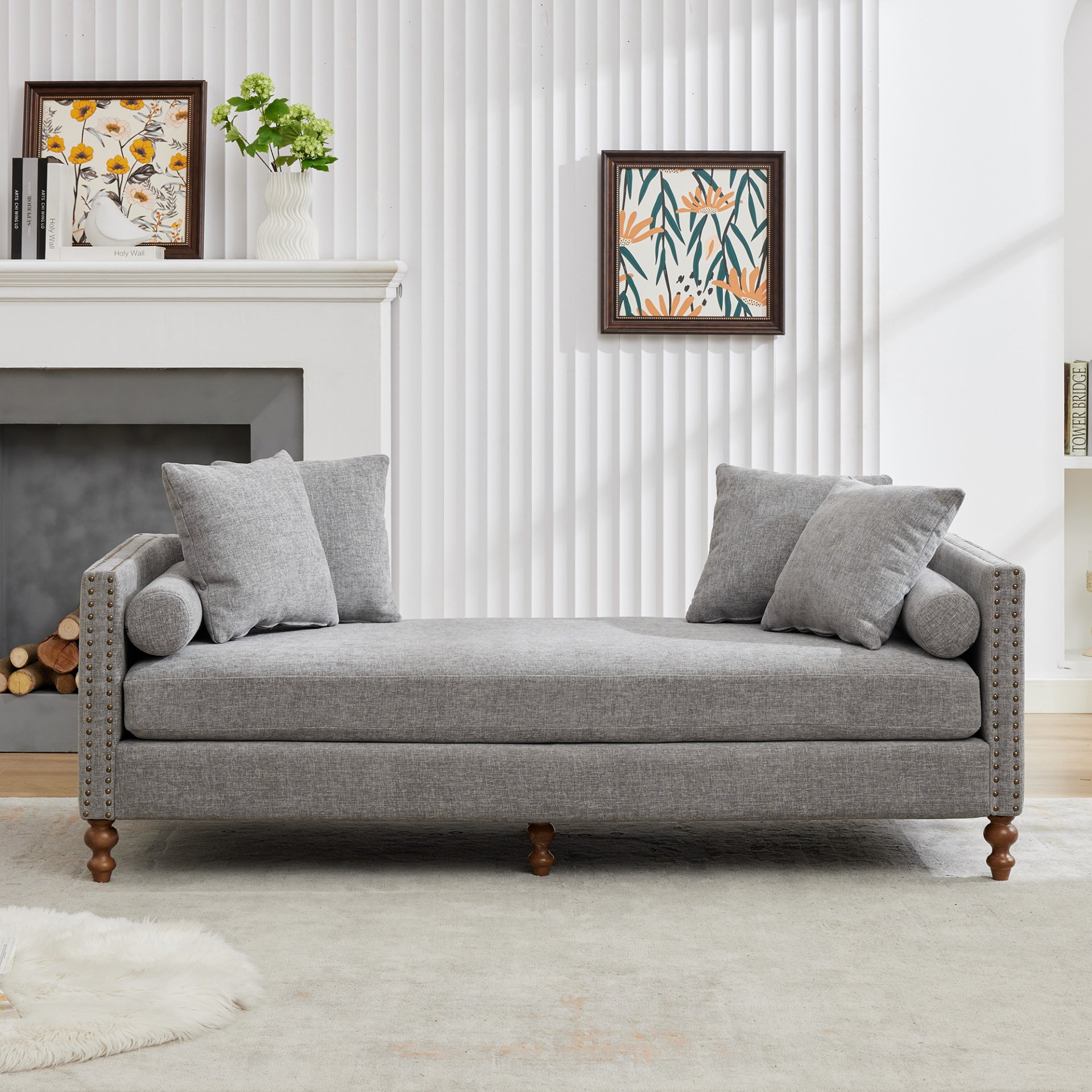 Chenille Upholstered Chaise Lounge With Nailheads And Rubberwood Legs, Wide Sleeper Sofa With 4 Throw Pillows & 2 Bolsters - Gray - Image 4