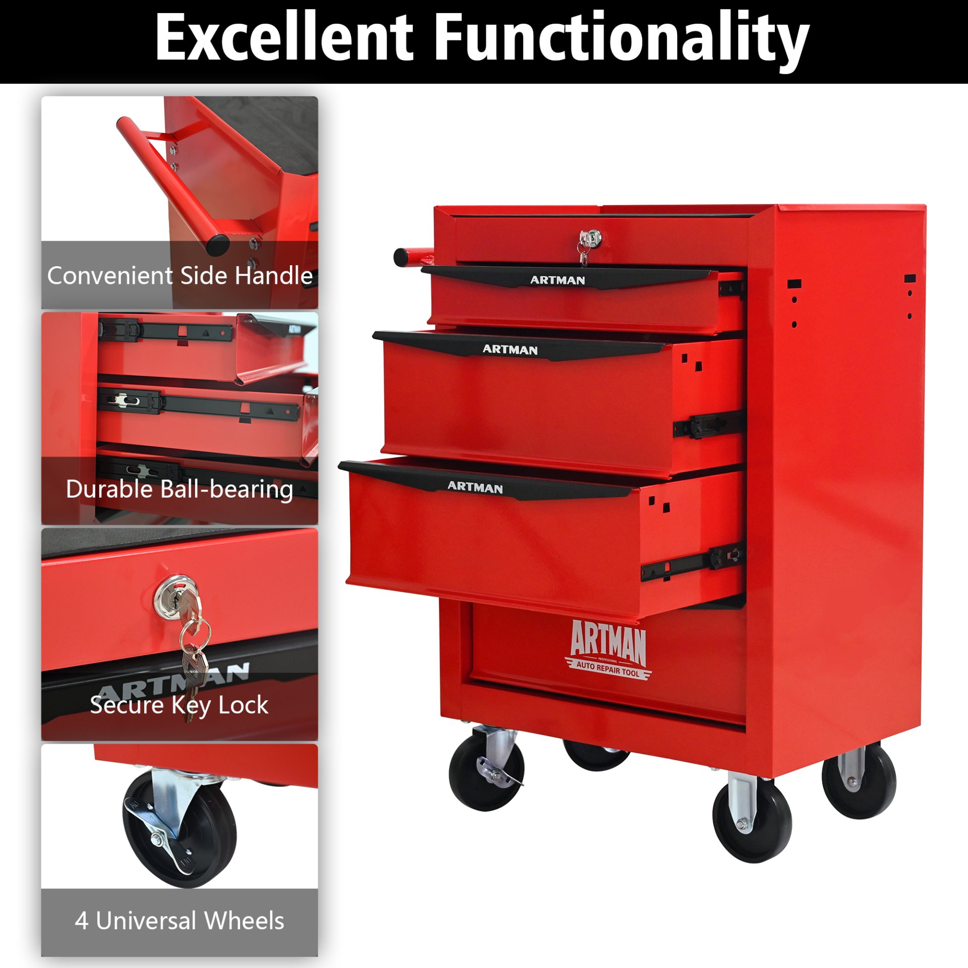 Rolling Metal Tool Chest With 4 Drawers, 20" Steel Storage Cabinet With Ball Bearing Slides - Red / Black - Image 6