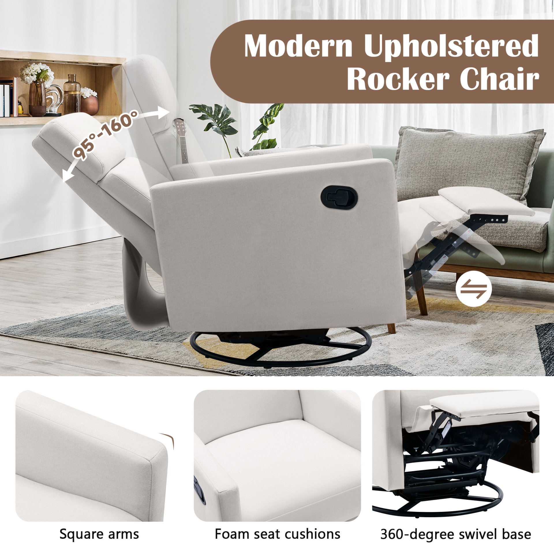 Modern Upholstered Rocker Nursery Chair Plush Seating Glider Swivel Recliner Chair - Beige - Image 7