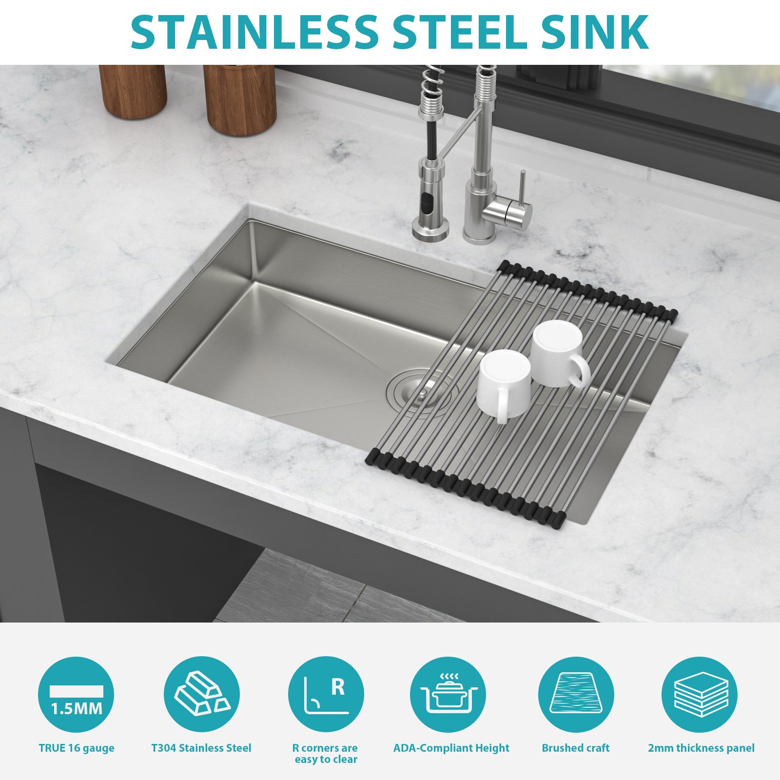 Ada-Compliant Undermount Kitchen Sink, Low Depth Single Bowl - Brushed Nickel - Image 7