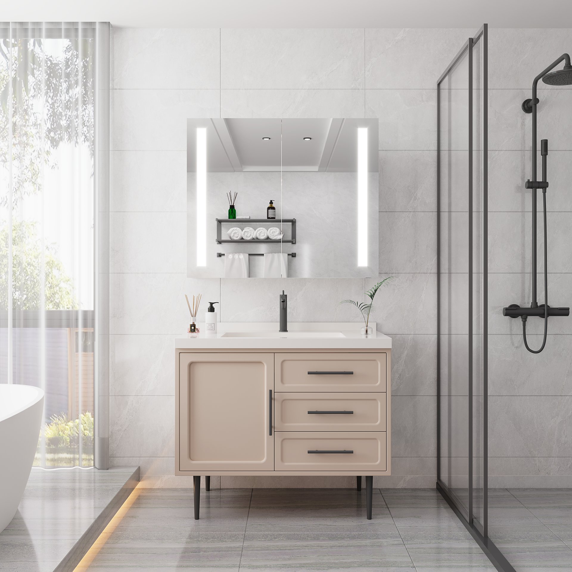 36" X 30" Medicine Cabinet With LED Vanity Mirror, Anti-Fog, Dimmable, Recessed Or Surface Mount, Aluminum 3000K~6000K Lighted Double Door Bathroom Cabinet With Touch Switch - Silver - Image 2