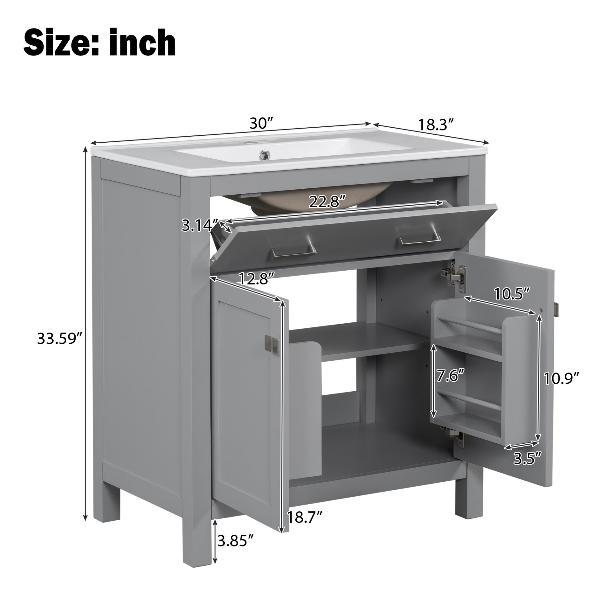 30" Bathroom Vanity With Sink And Soft Close Doors - Gray - Image 4