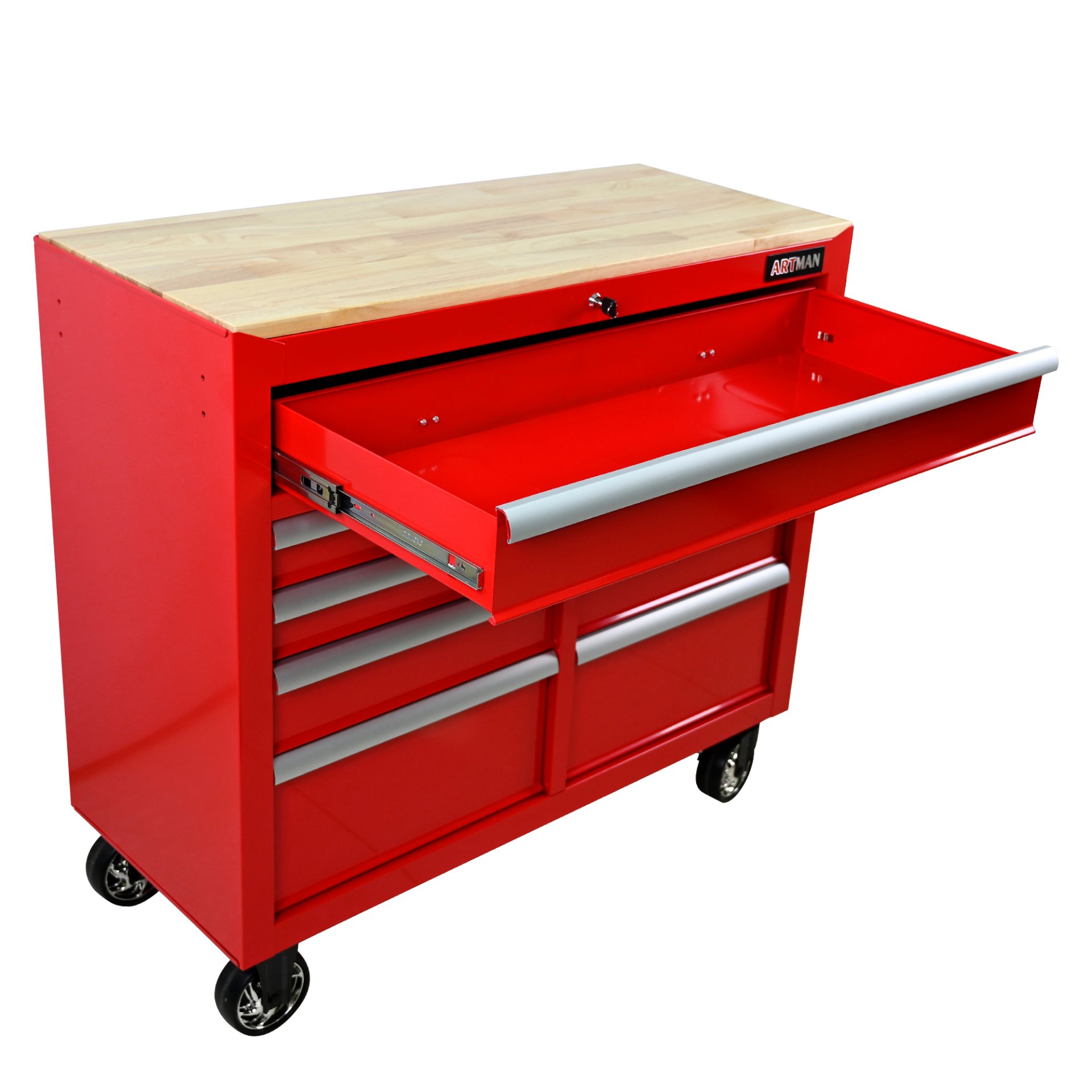9 Drawer Multifunctional Steel Tool Cart With Wheels And Wooden Top - Red - Image 5