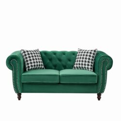 Chesterfield Sofa With Roll Armrest And Nailhead, 2 Seater Couch - Green